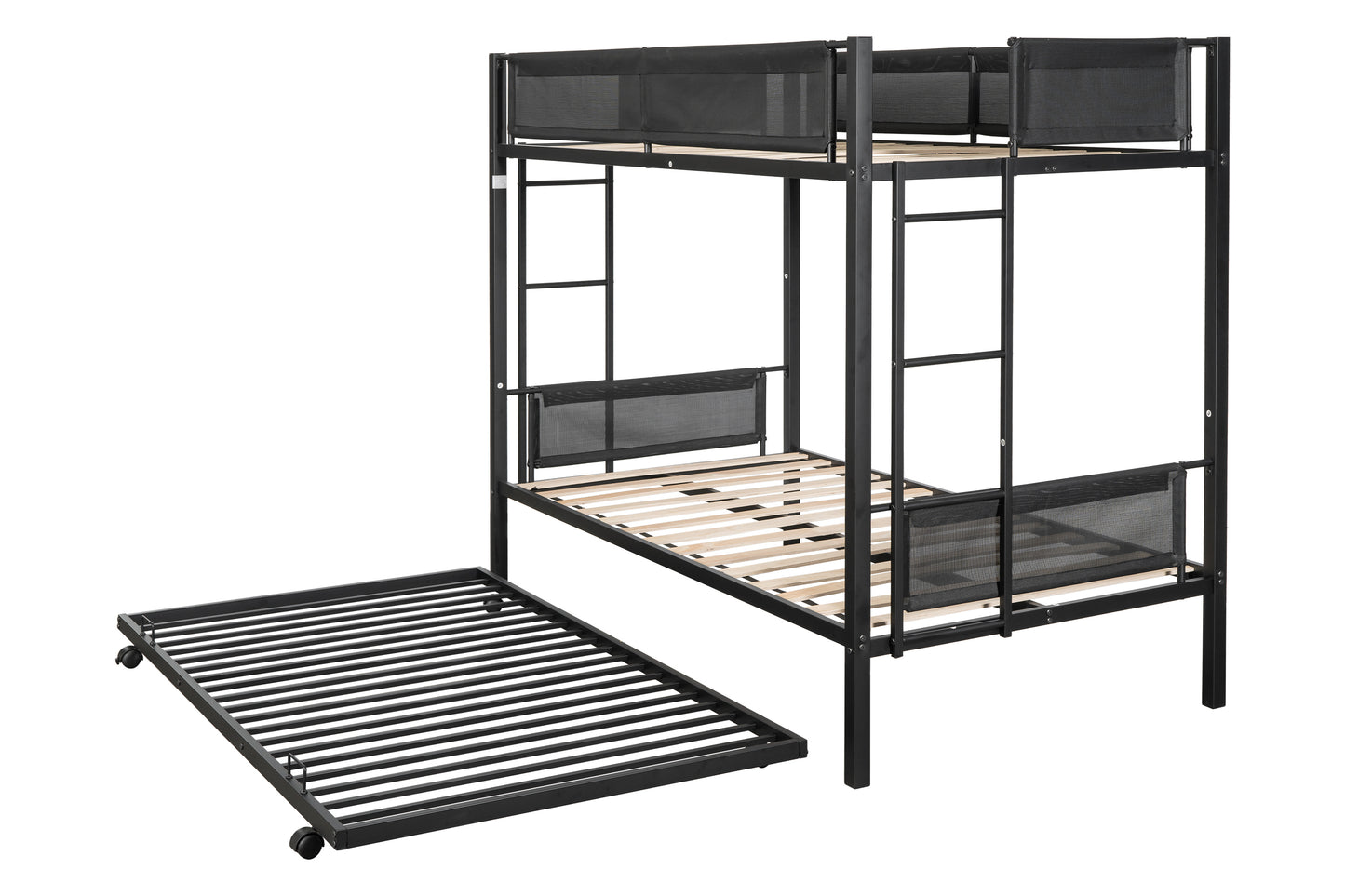 Metal Twin Bunk Bed with Trundle and Textilene Guardrails - Space-Saving Twin Over Twin Bunk Bed