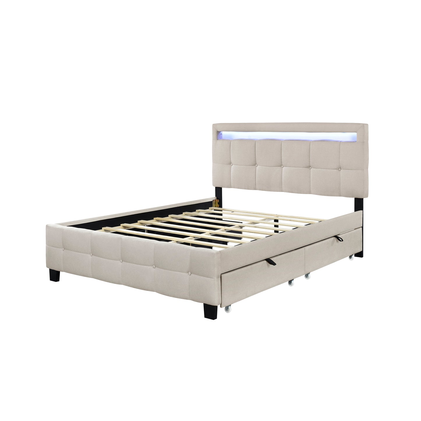 Queen Size Upholstered Platform Bed with LED Frame and 4 Drawers, Linen Fabric, Beige