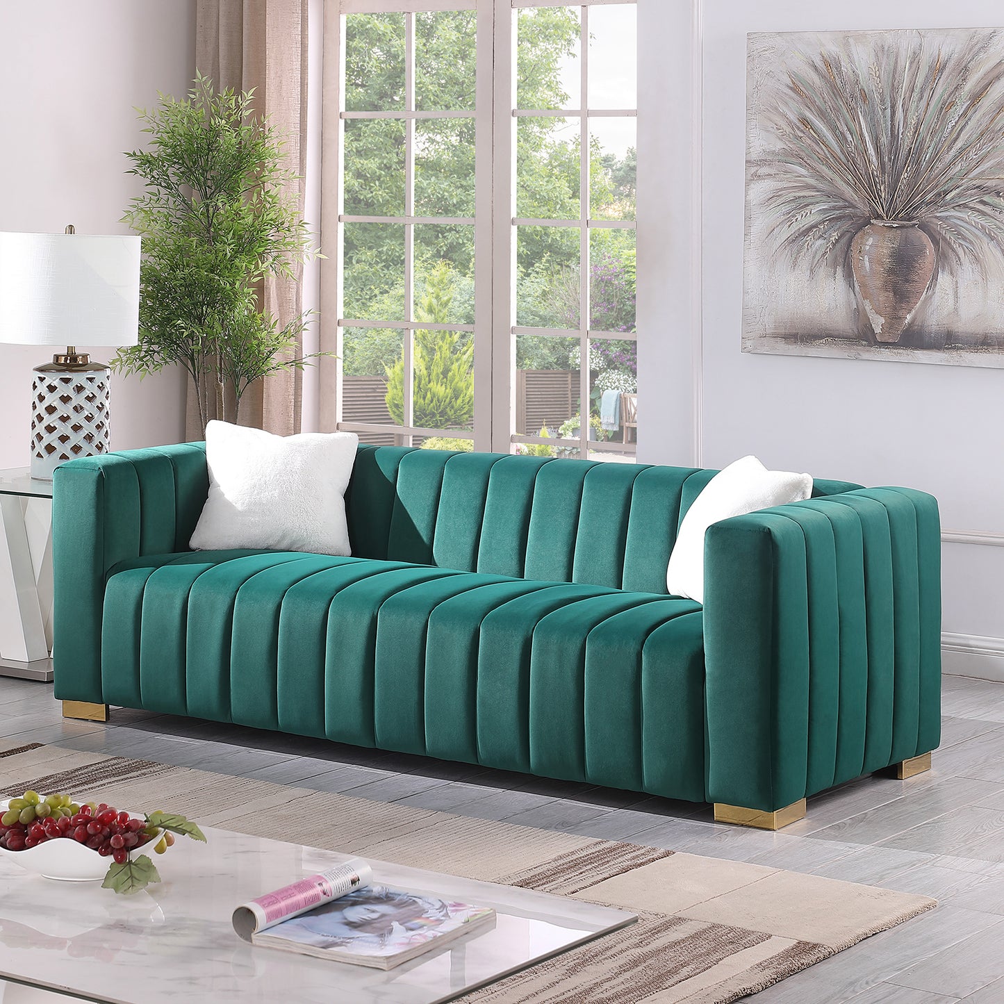 Chesterfield Inspired Dark Green Velvet Sofa Set with 3 Seater and Loveseat