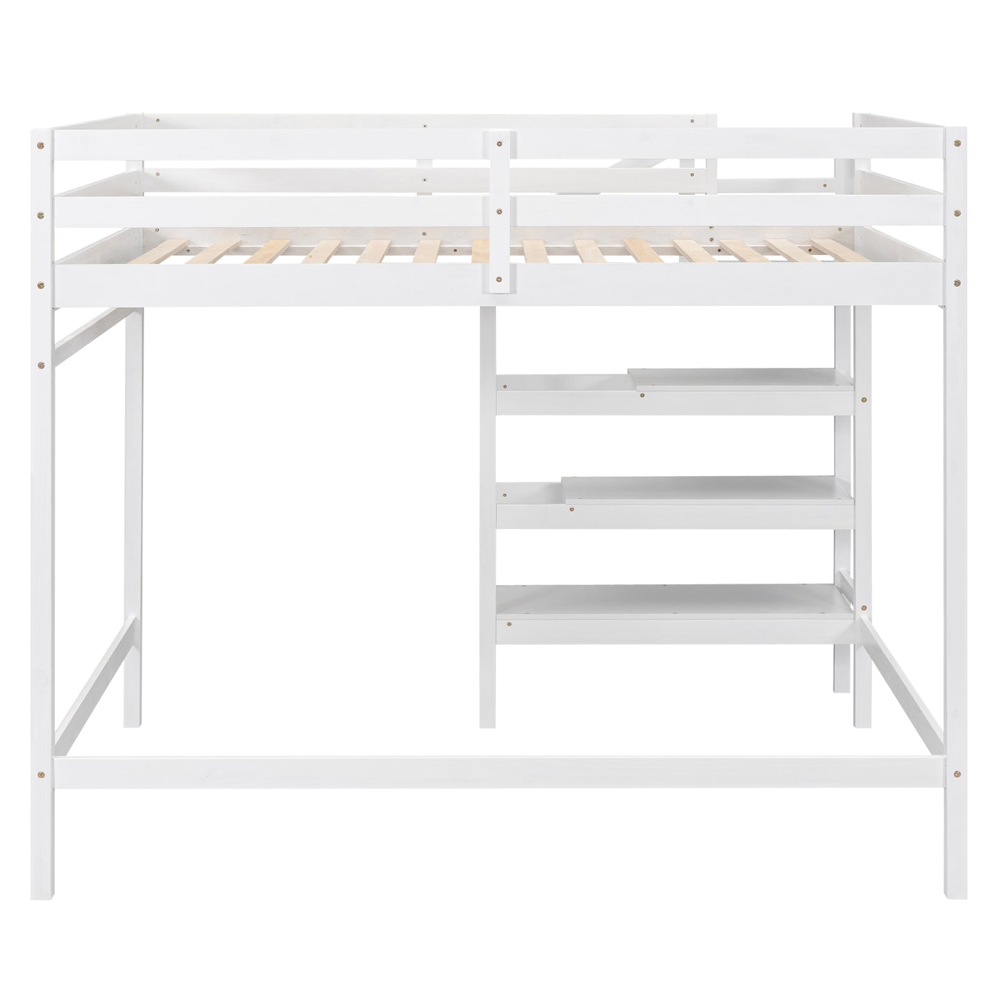 Full Size Loft Bed with Built-in Storage Staircase and Hanger for Clothes, White