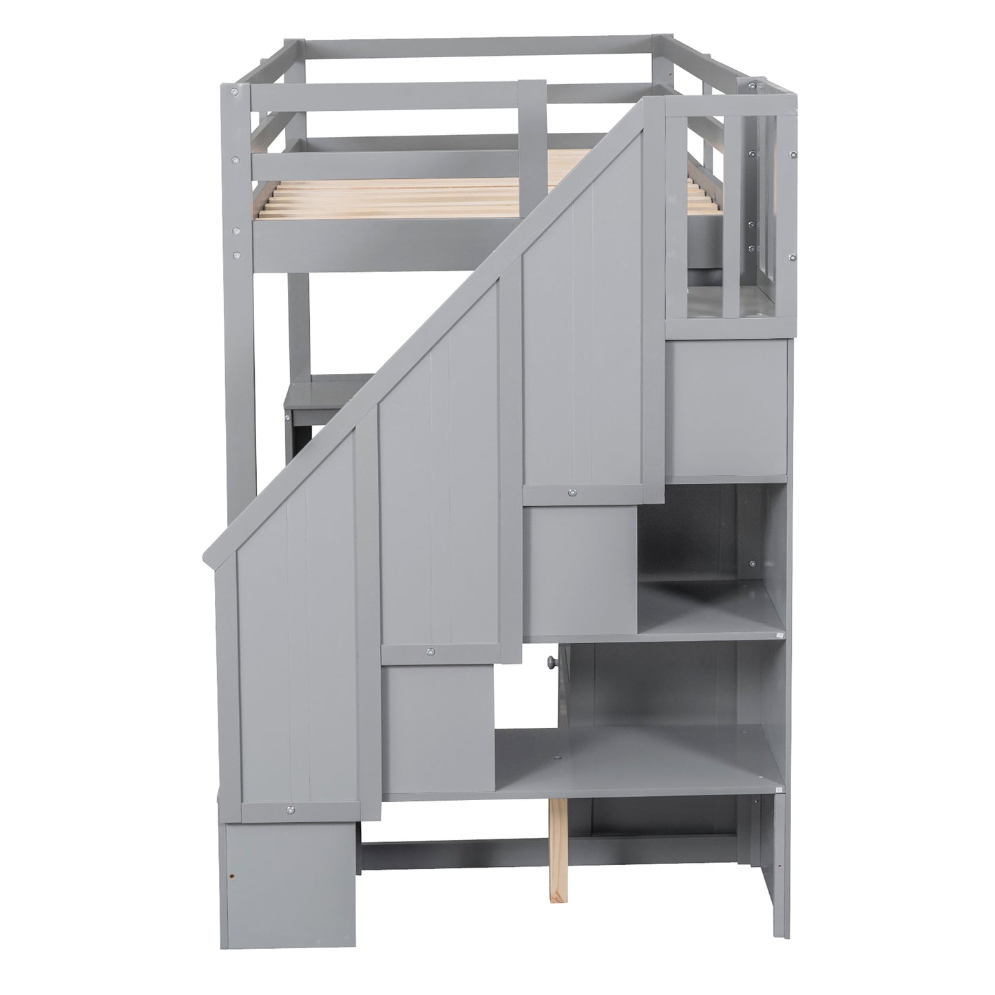 Twin Size Loft Bed with L-Shaped Desk and Drawers, Cabinet and Storage Staircase, Gray