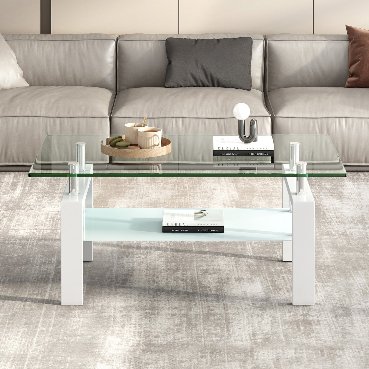 Clear Glass Coffee Table with Geometric Design and 2-Layers