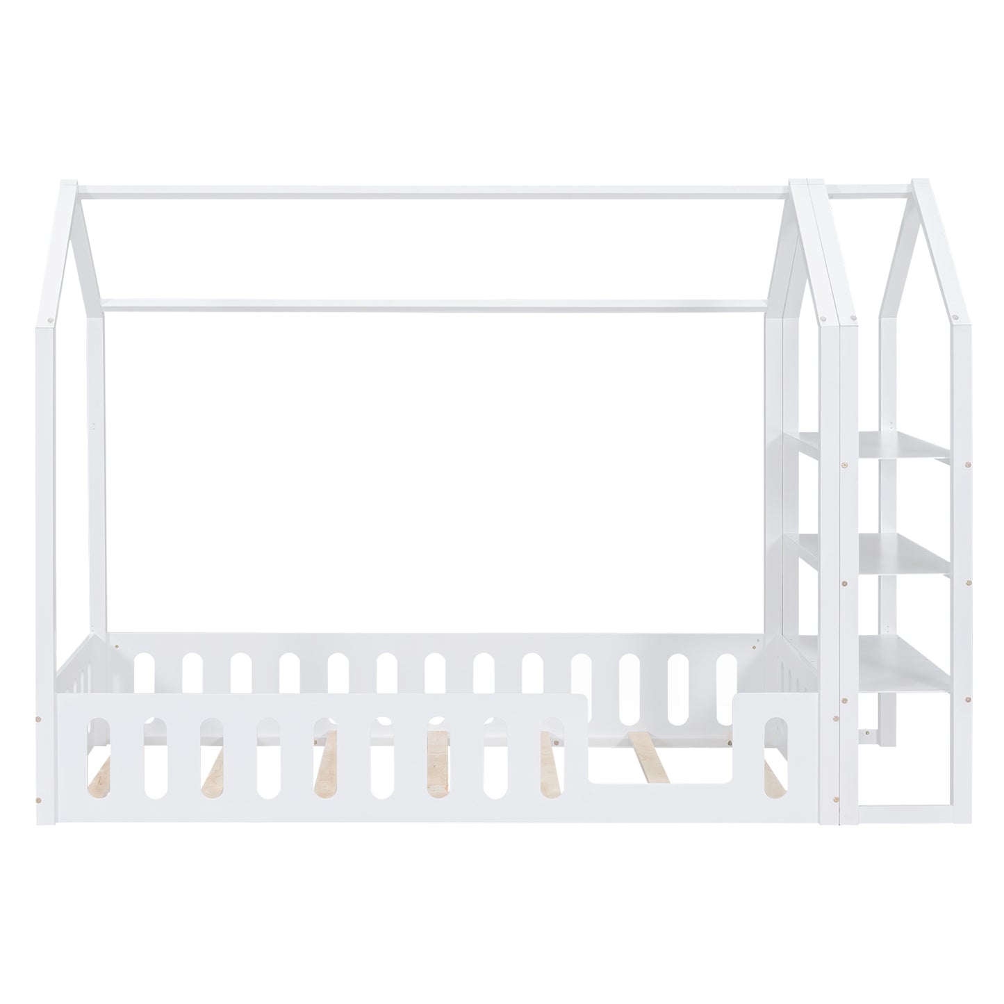 Twin Size Wood House Bed with Fence and Detachable Storage Shelves, White(Expected Arrival Time: 1.7)