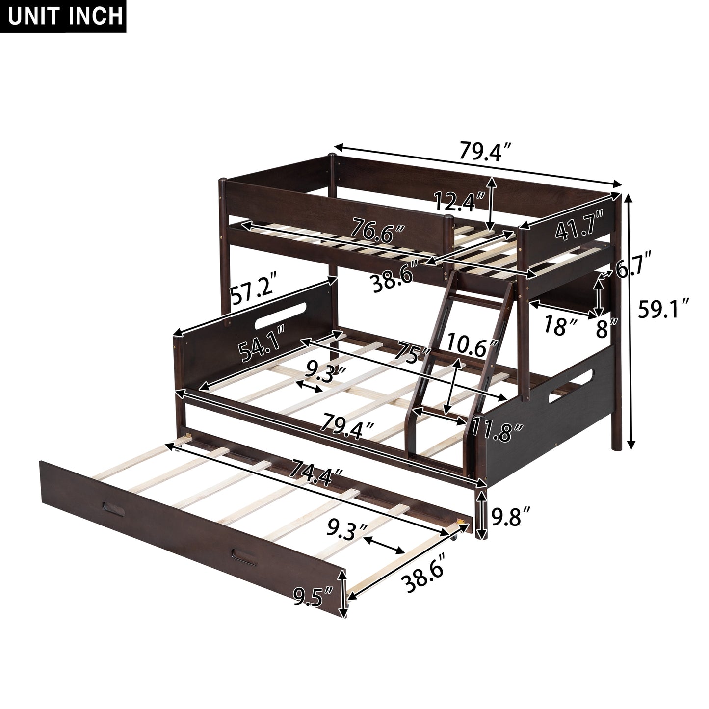 Espresso Wood Bunk Bed with Twin Over Full, Storage Shelves, Trundle, and Sturdy Construction