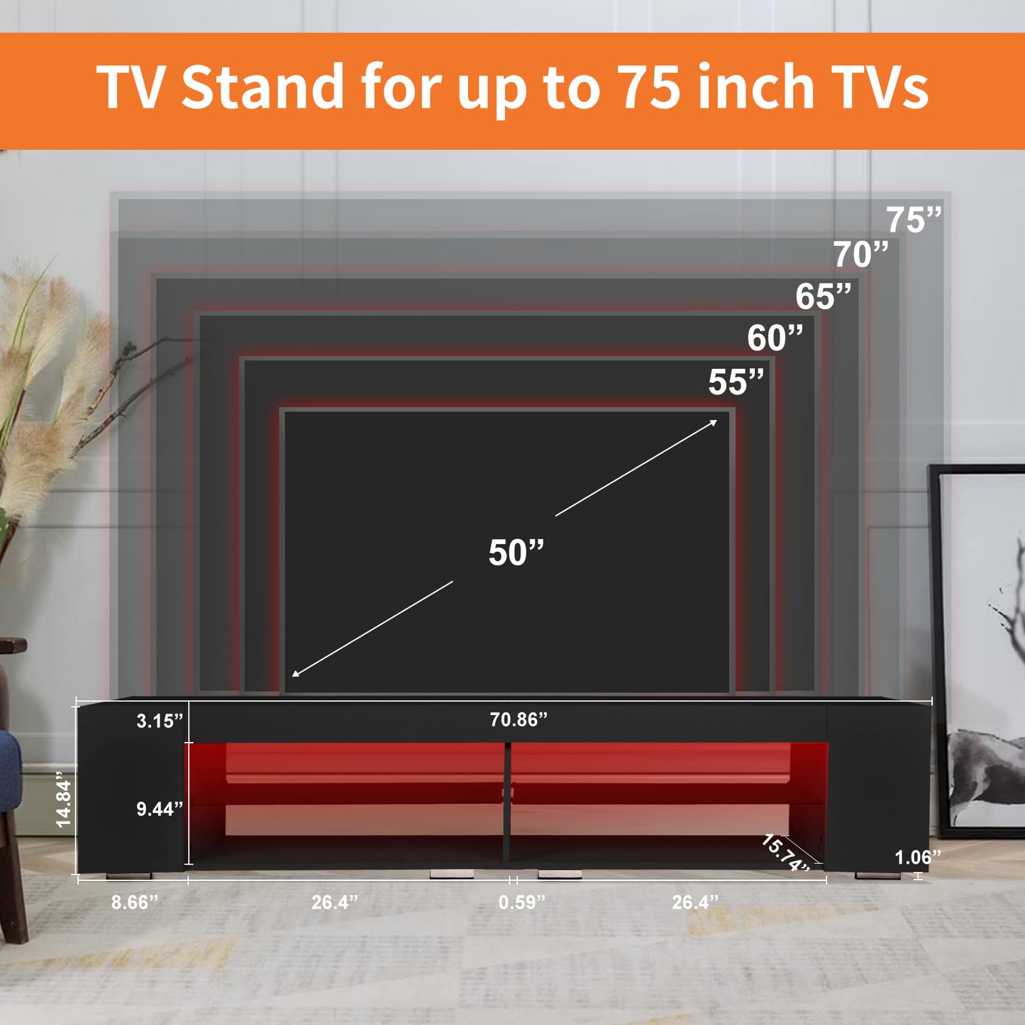 Modern High Gloss LED TV Stand with RGB Remote Control and Storage System