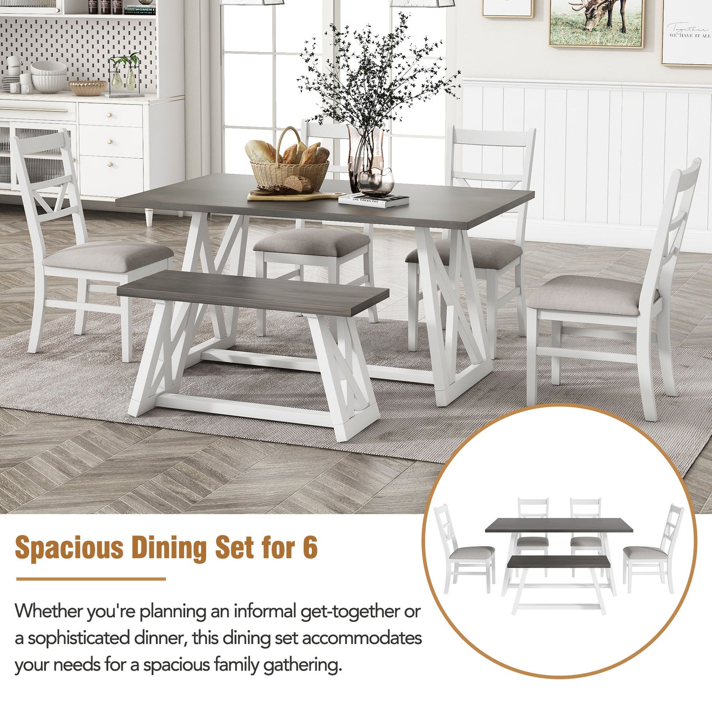 Farmhouse 6-Piece Dining Table Set with Cross Legs, Kitchen Set with 4 Upholstered Dining Chairs and Solid Wood Bench,White