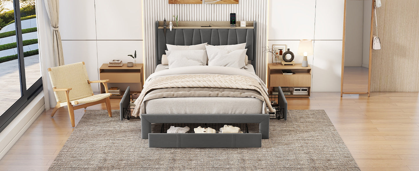 Queen Size Bed Frame with Storage Headboard and Charging Station, Upholstered Platform Bed with 3 Drawers, No Box Spring Needed, Dark Gray