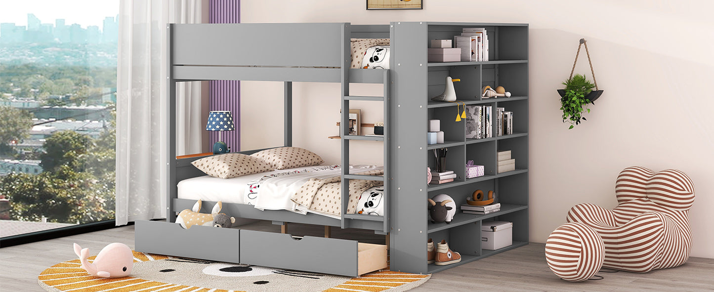 Gray Full over Full Bunk Bed with Storage Drawers and Cabinet for Kids