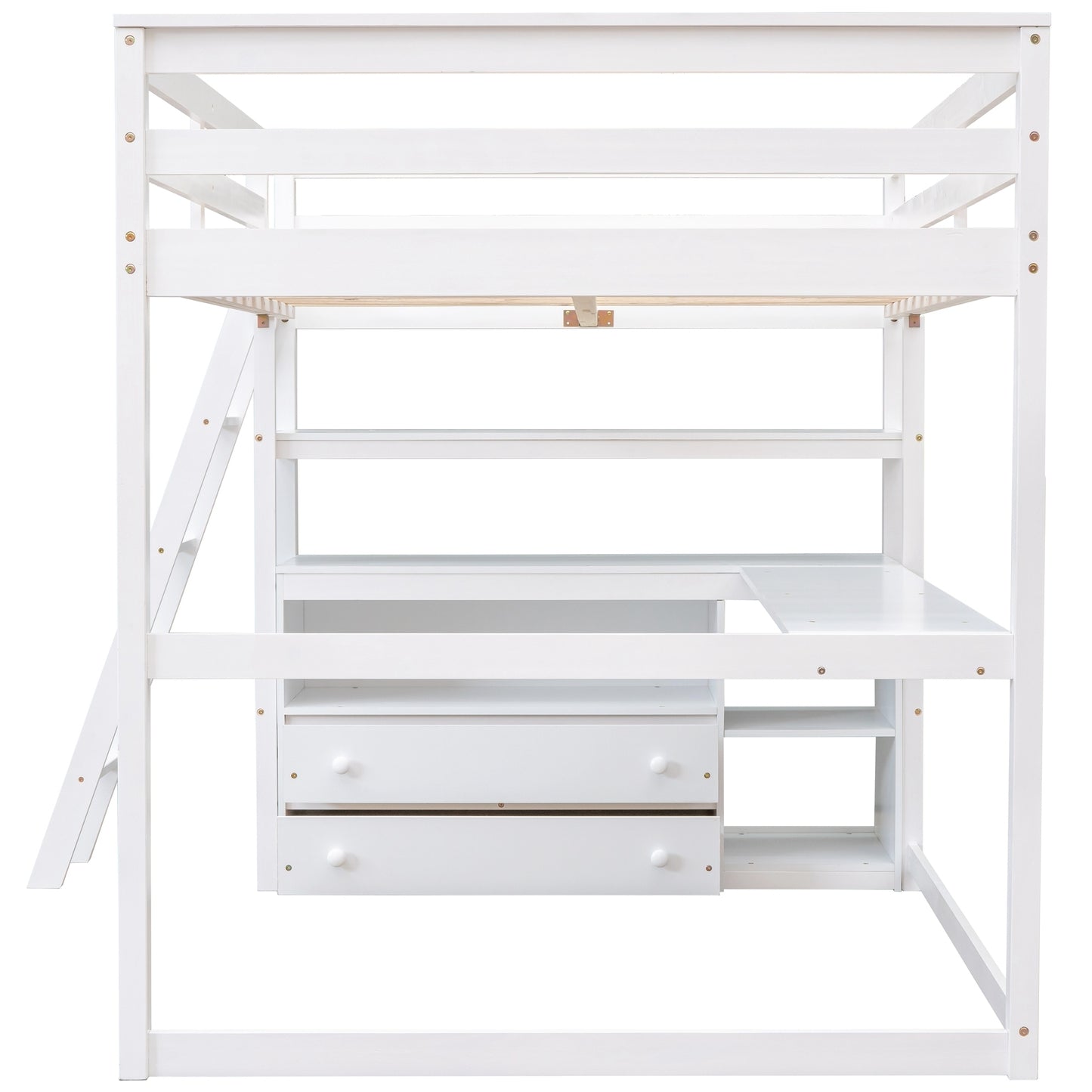 Full Size Loft Bed with Desk and Shelves,Two Built-in Drawers,White