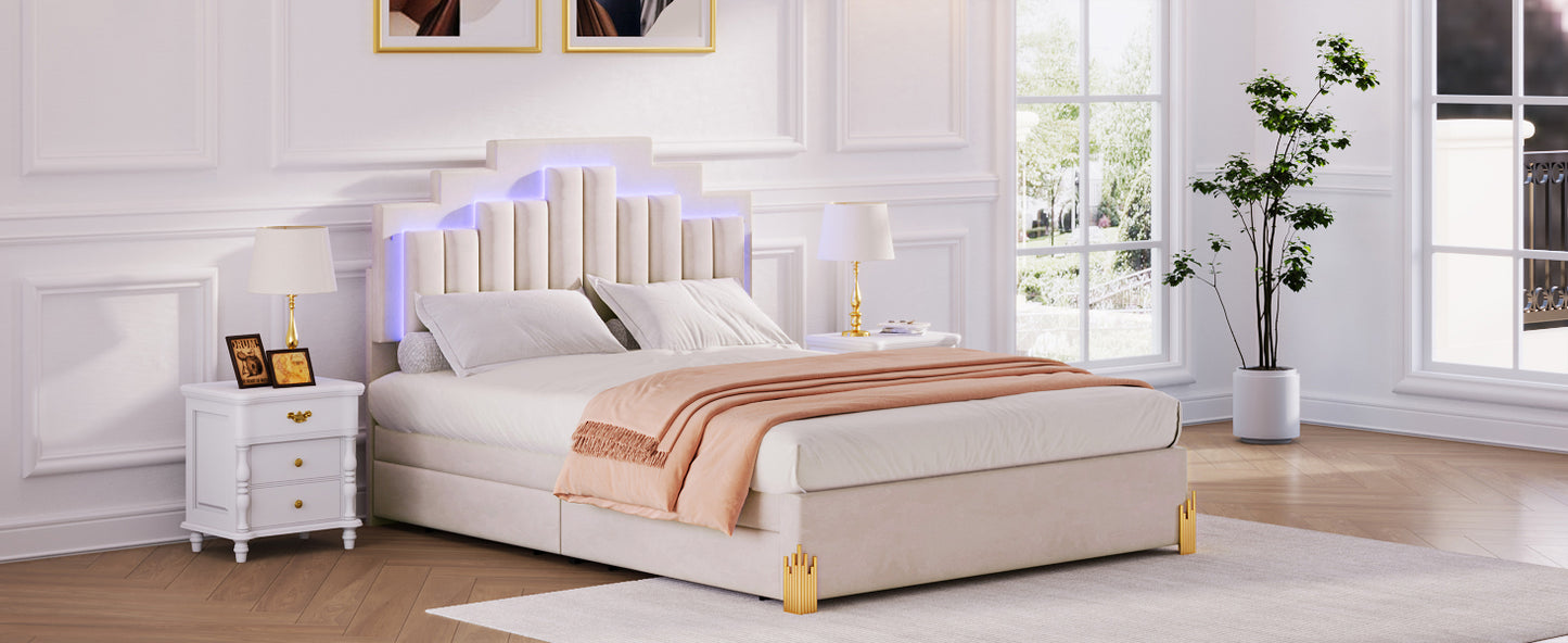 Queen Size Upholstered Platform Bed with LED Lights and 4 Drawers, Stylish Irregular Metal Bed Legs Design, Beige