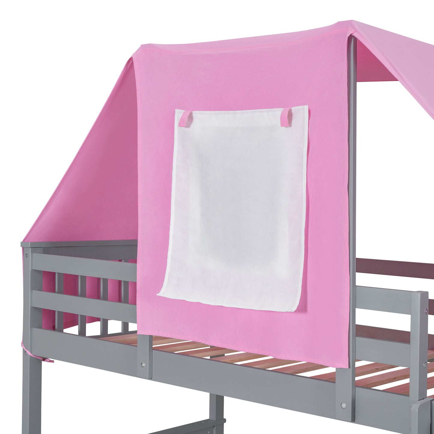 Gray and Pink Twin Over Twin Bunk Bed with Tent and Drawers for a Playful Bedroom Environment