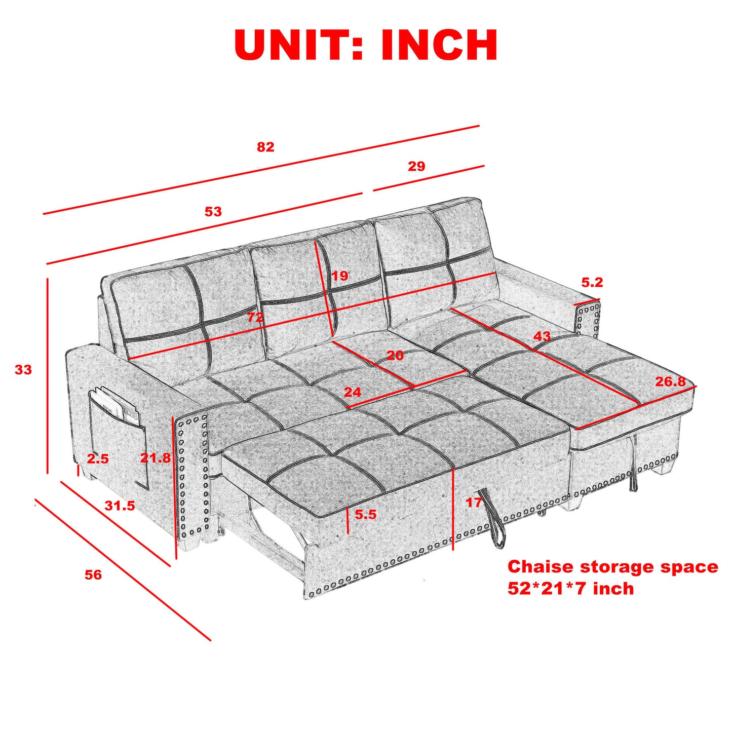 Sleeper Sofa Sectional with Reversible Storage Chaise and Side Storage Bag, Black Fabric, Modern Design