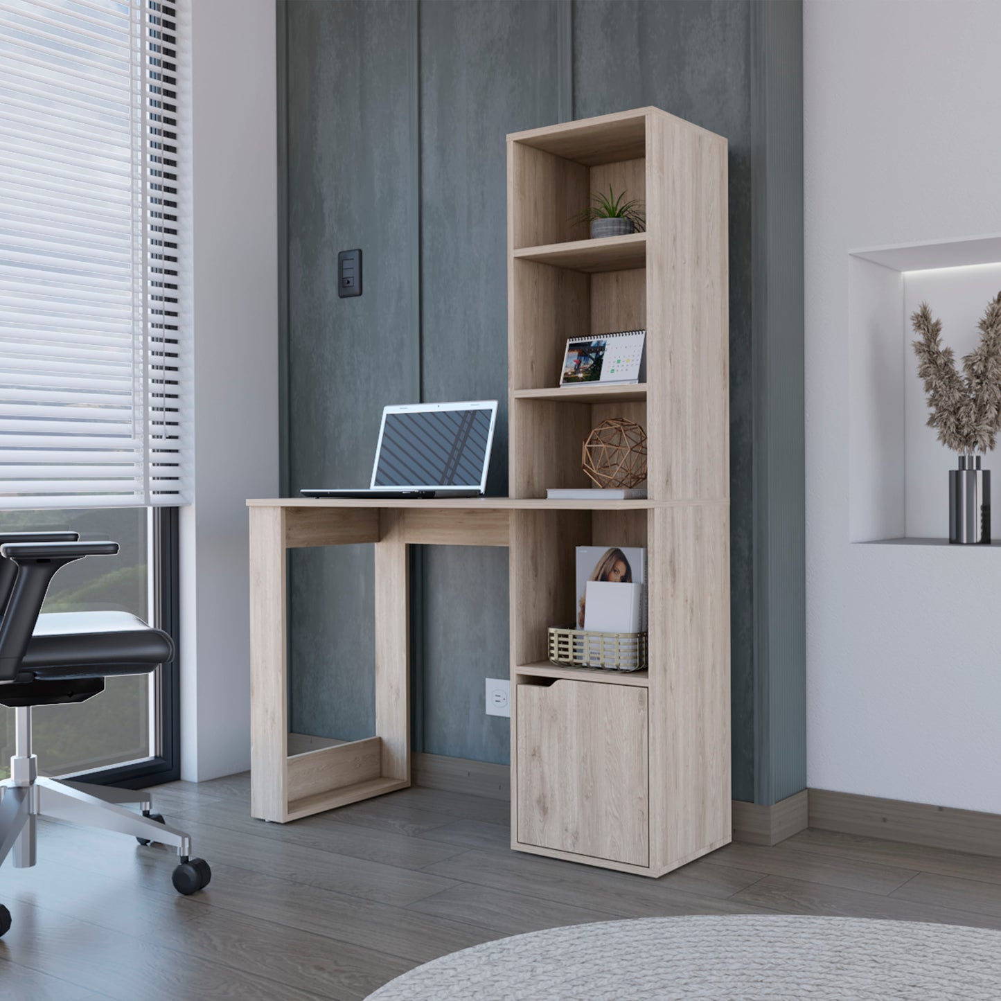 Gray Computer Desk with Bookcase, Single Door Cabinet, and 4-Tier Shelf