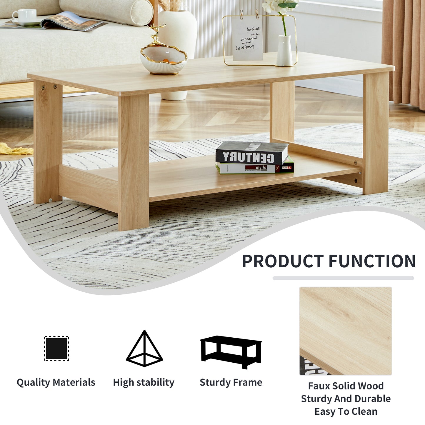 Modern Dual-Layer Log Textured Coffee Table with MDF Material