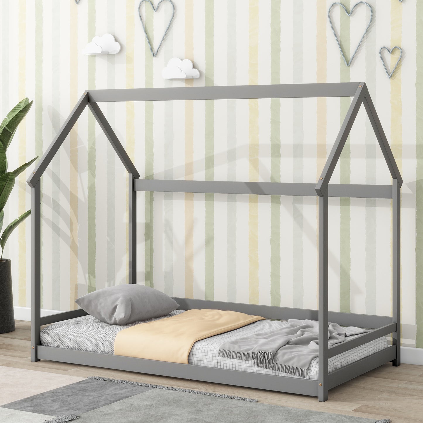 Twin House-Shaped Floor Bed with 2 Detachable Stands,Grey