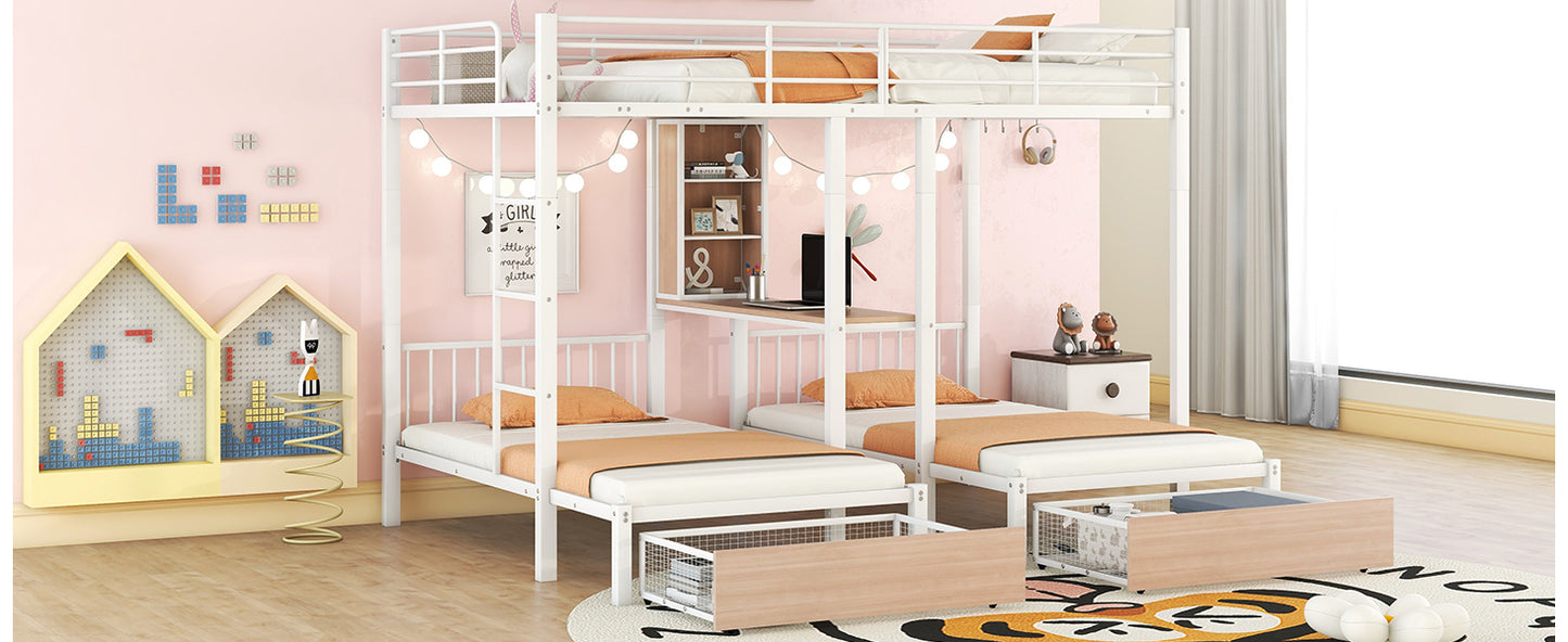 Triple Bunk Bed with White Metal Convertible Desk and Shelves