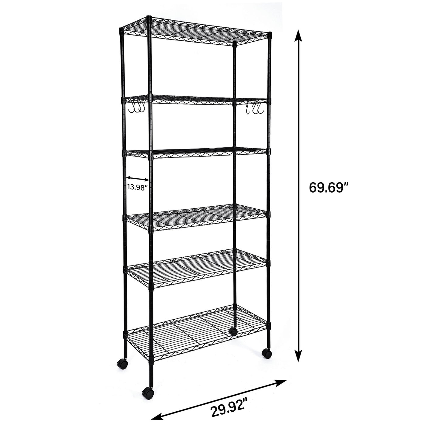 Heavy Duty 6-Shelf Shelving with Wheels, with Hanging Hooks, Wire Shelving, Adjustable Storage Units, 17'' D x 11'' W x 63'' H, 6 Tier, Black