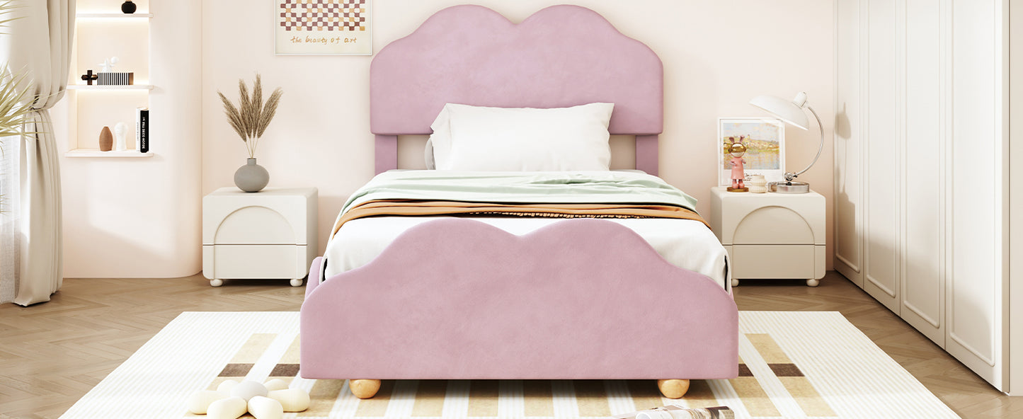 Twin Size Upholstered Platform Bed with Cloud Shaped bed board, Light Pink