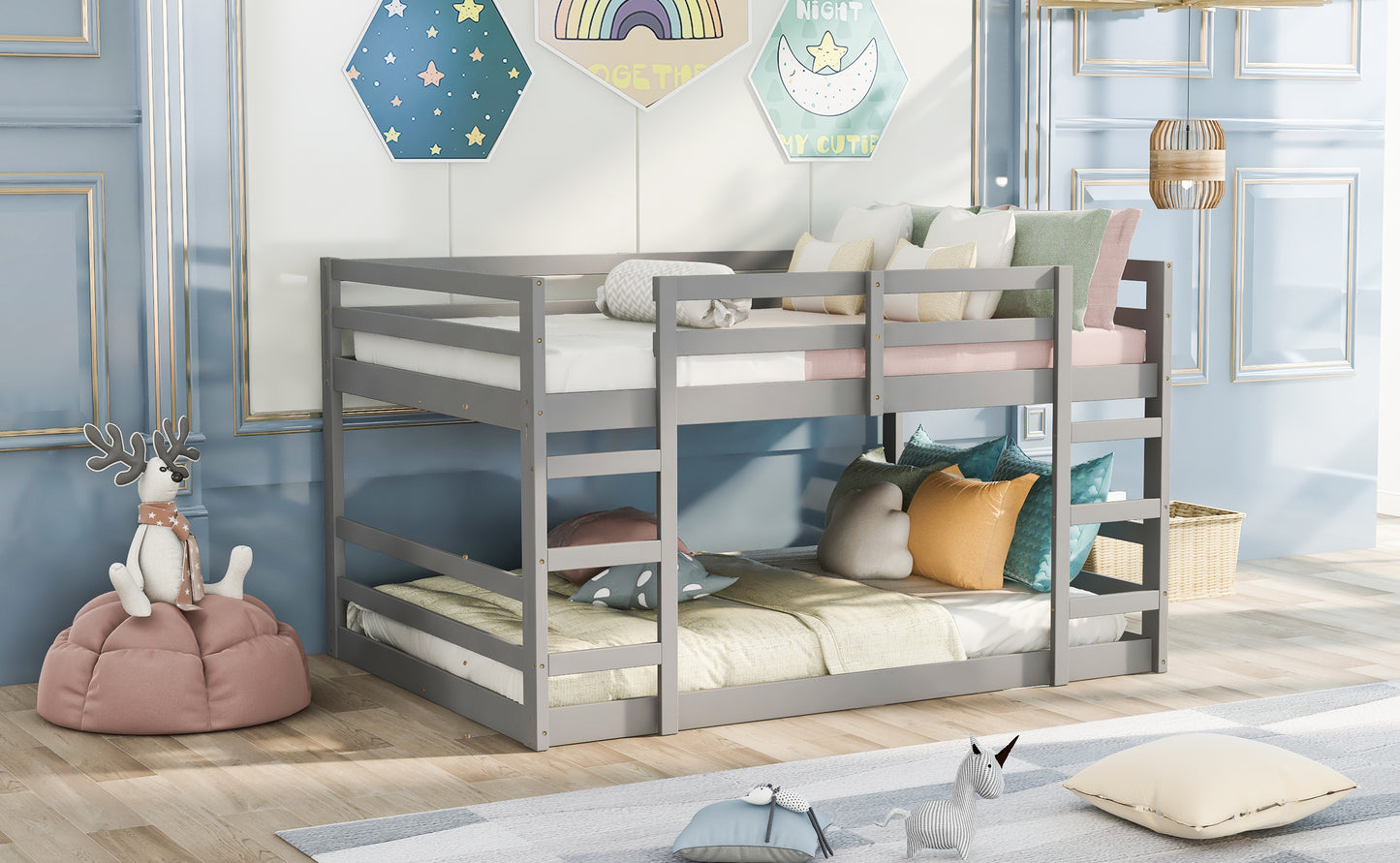 Gray Double Bunk Bed with Built-In Ladder