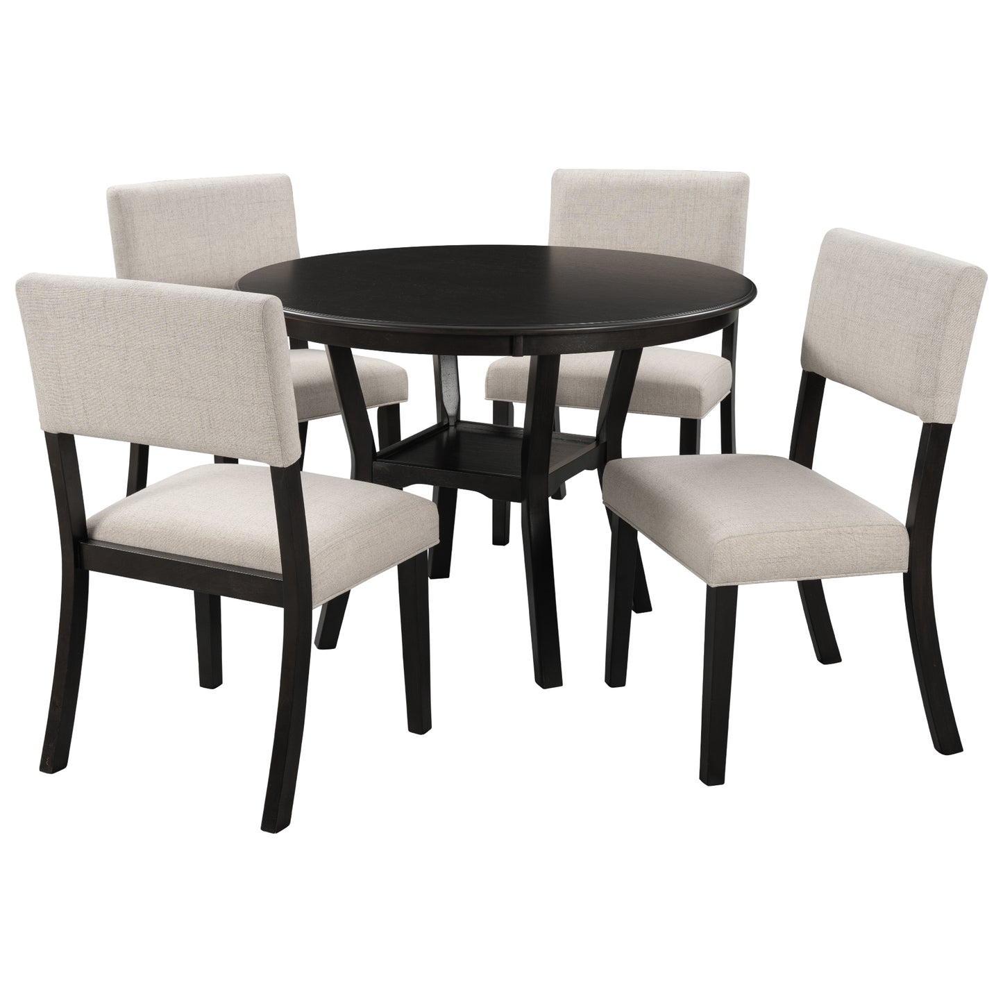 TREXM 5-Piece Kitchen Dining Table Set Round Table with Bottom Shelf, 4 Upholstered Chairs for Dining Room(Espresso)