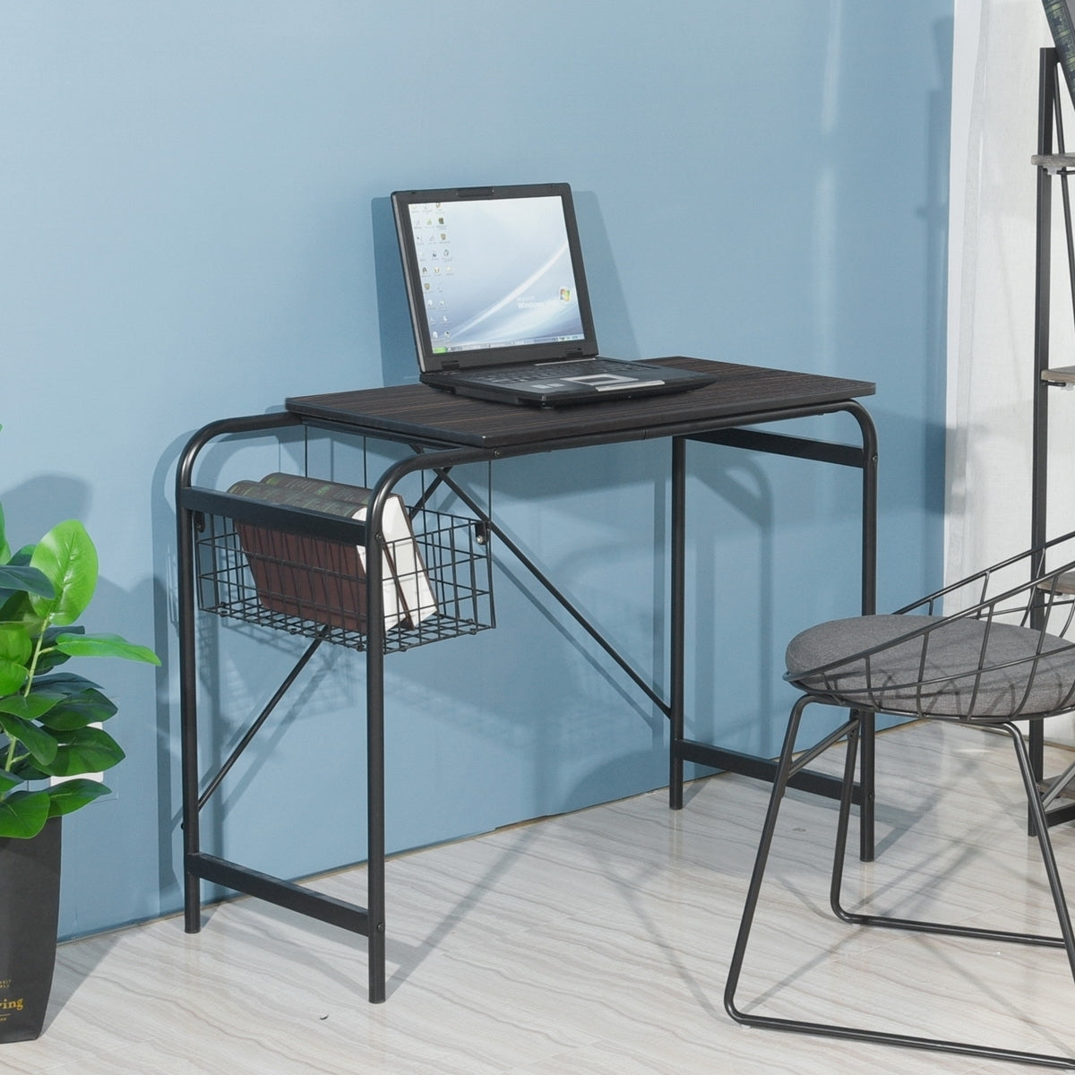 Compact Modern 31.5 Computer Desk with Wire Storage Basket - Walnut & Black