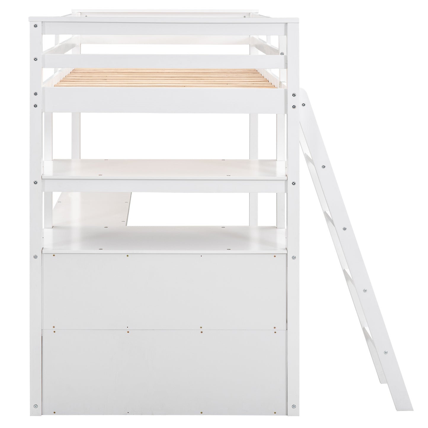 Twin Size Loft Bed with Desk and Shelves, Two Built-in Drawers, White(: GX000423AAK)