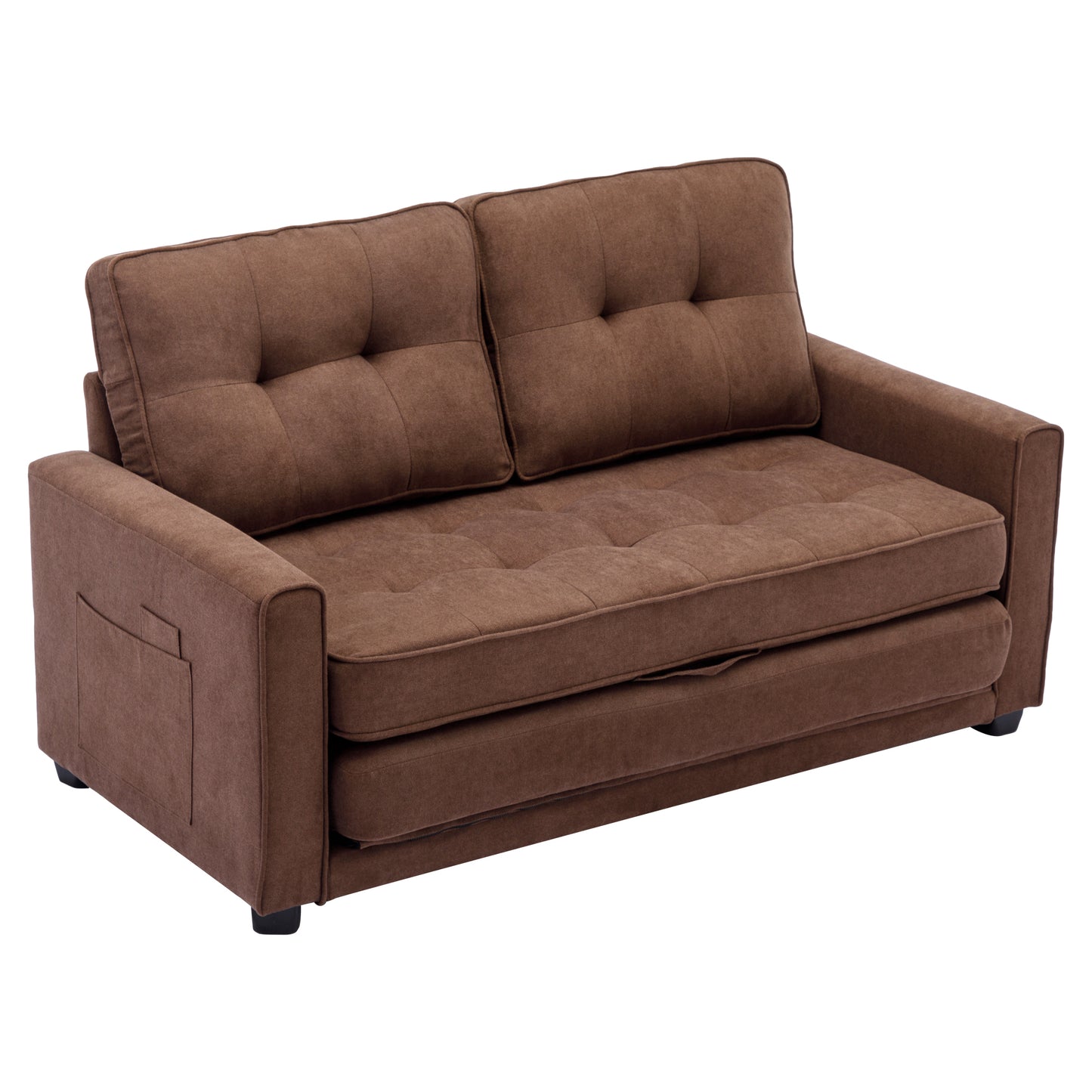 59.4 Pull-Out Loveseat Sofa Bed with Side Pocket, Brown Chenille Upholstered Couch