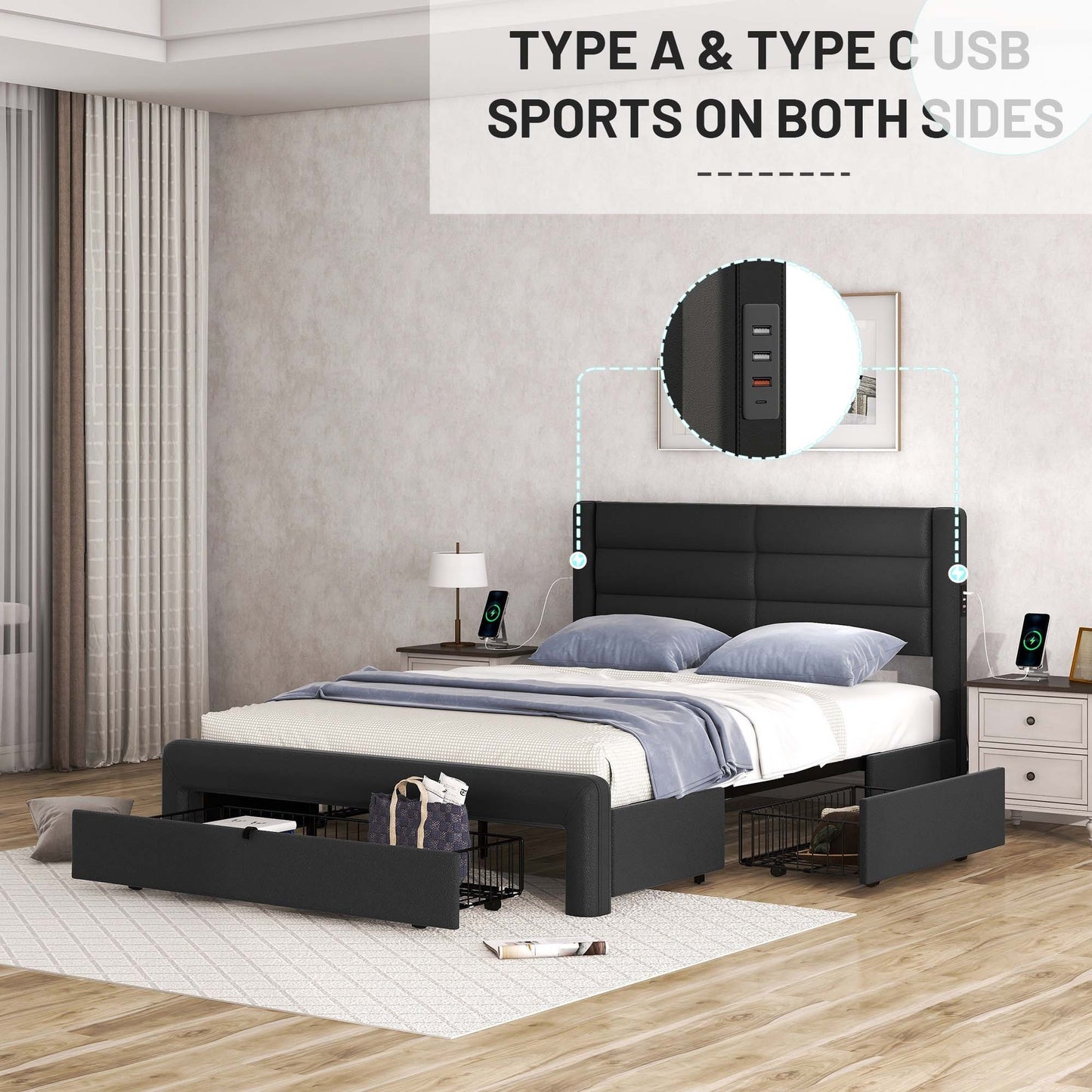 Queen Size Bed Frame with Drawers Storage, Leather Upholstered Platform Bed with Charging Station, Black