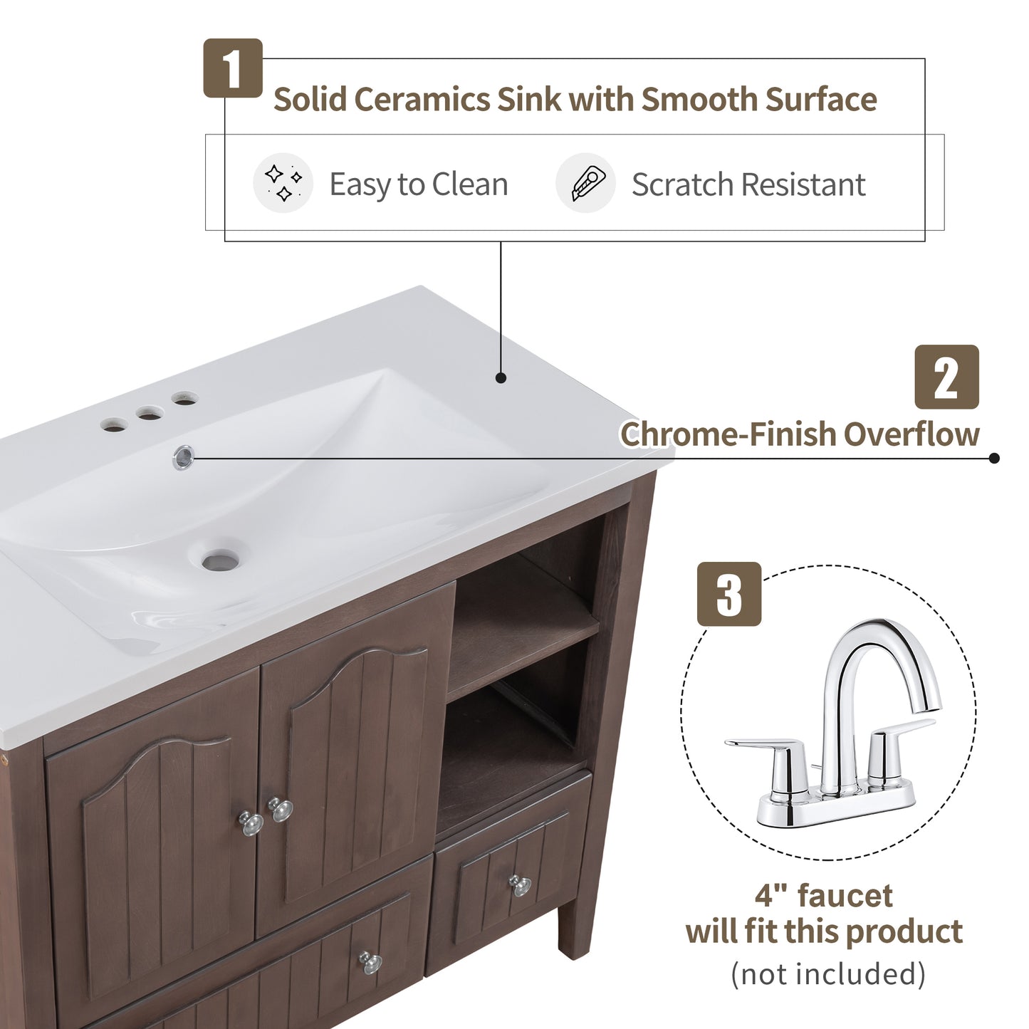 36" Bathroom Vanity with Ceramic Basin, Bathroom Storage Cabinet with Two Doors and Drawers, Solid Frame, Metal Handles, Brown