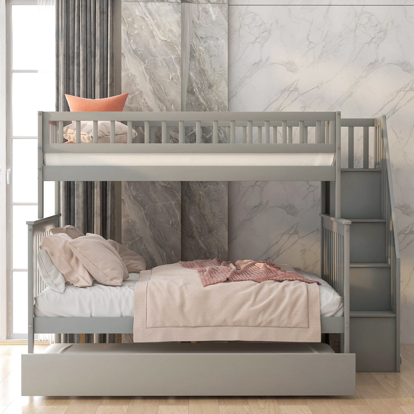 Gray Twin over Full Bunk Bed Set with Trundle, Staircase, and Storage