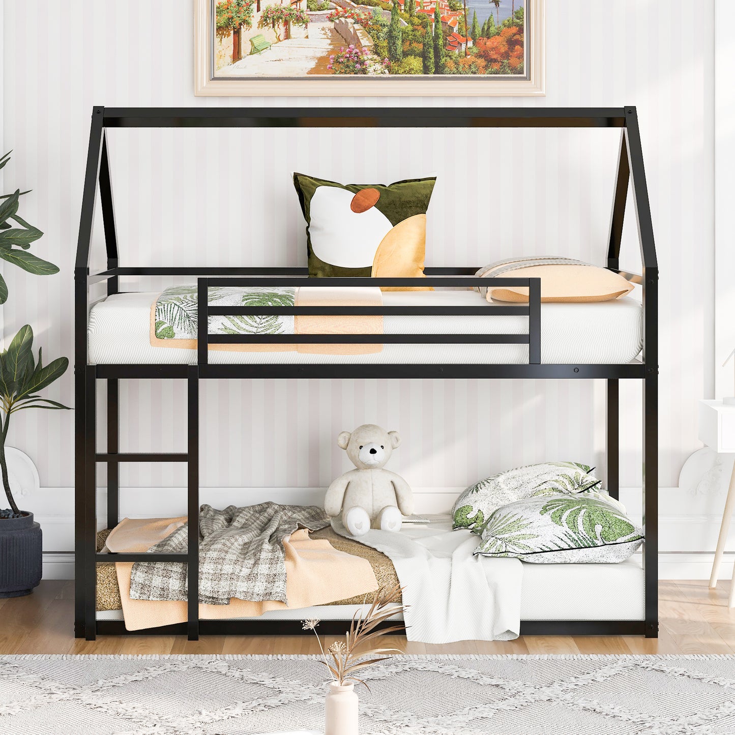 Whimsical Black Metal Twin over Twin Bunk Bed with Slide