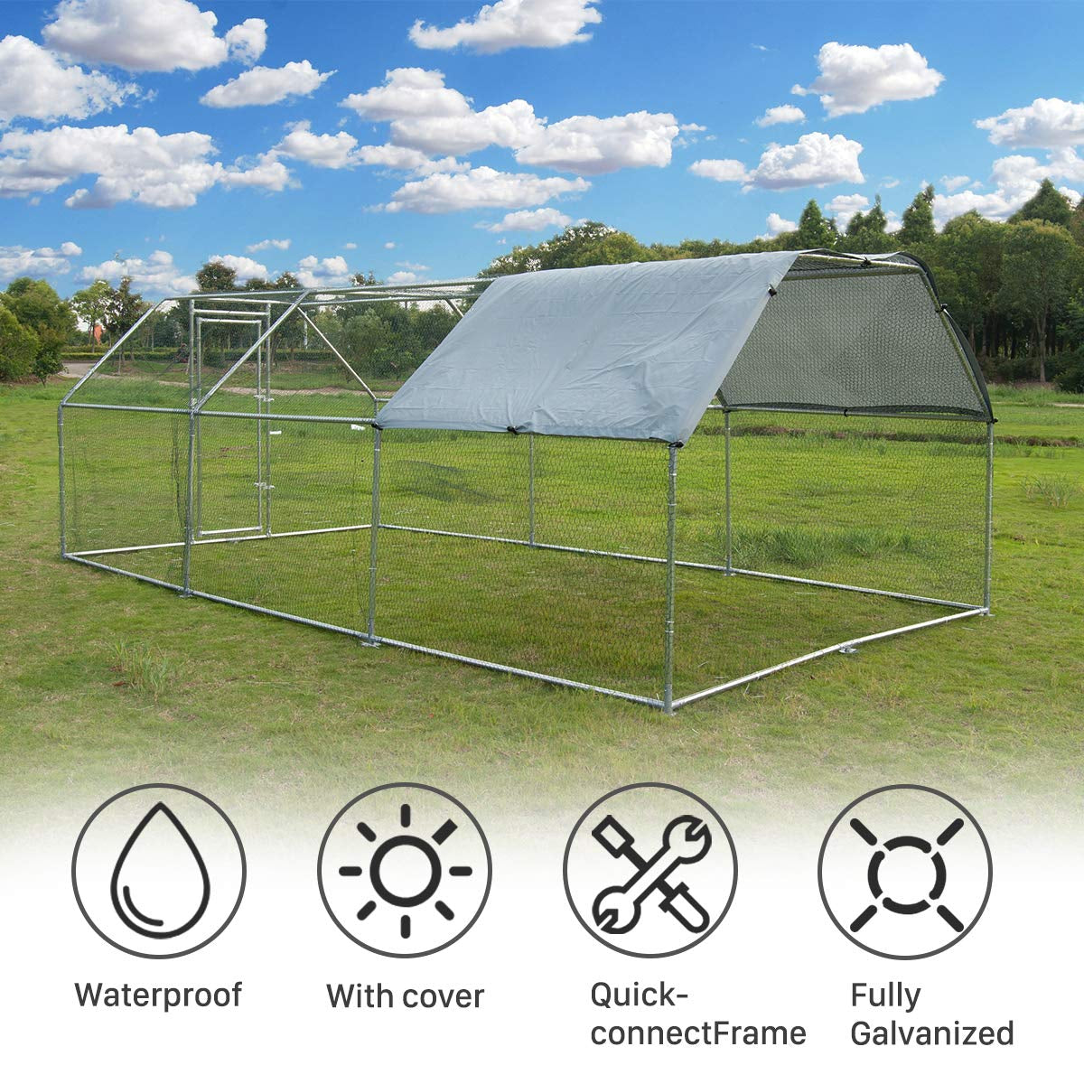 Metal Large Chicken Coop Walk-in Poultry Cage Large Chicken Run Flat Shaped Cage with Waterproof Anti-UltravioletCover, 1.26" Diameter Tube (19.6' L x 9.8' W x 6.5' H)