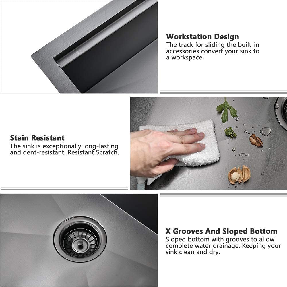 Matte Black Stainless Steel Farmhouse Kitchen Sink with Workstation Design and Accessory Kit