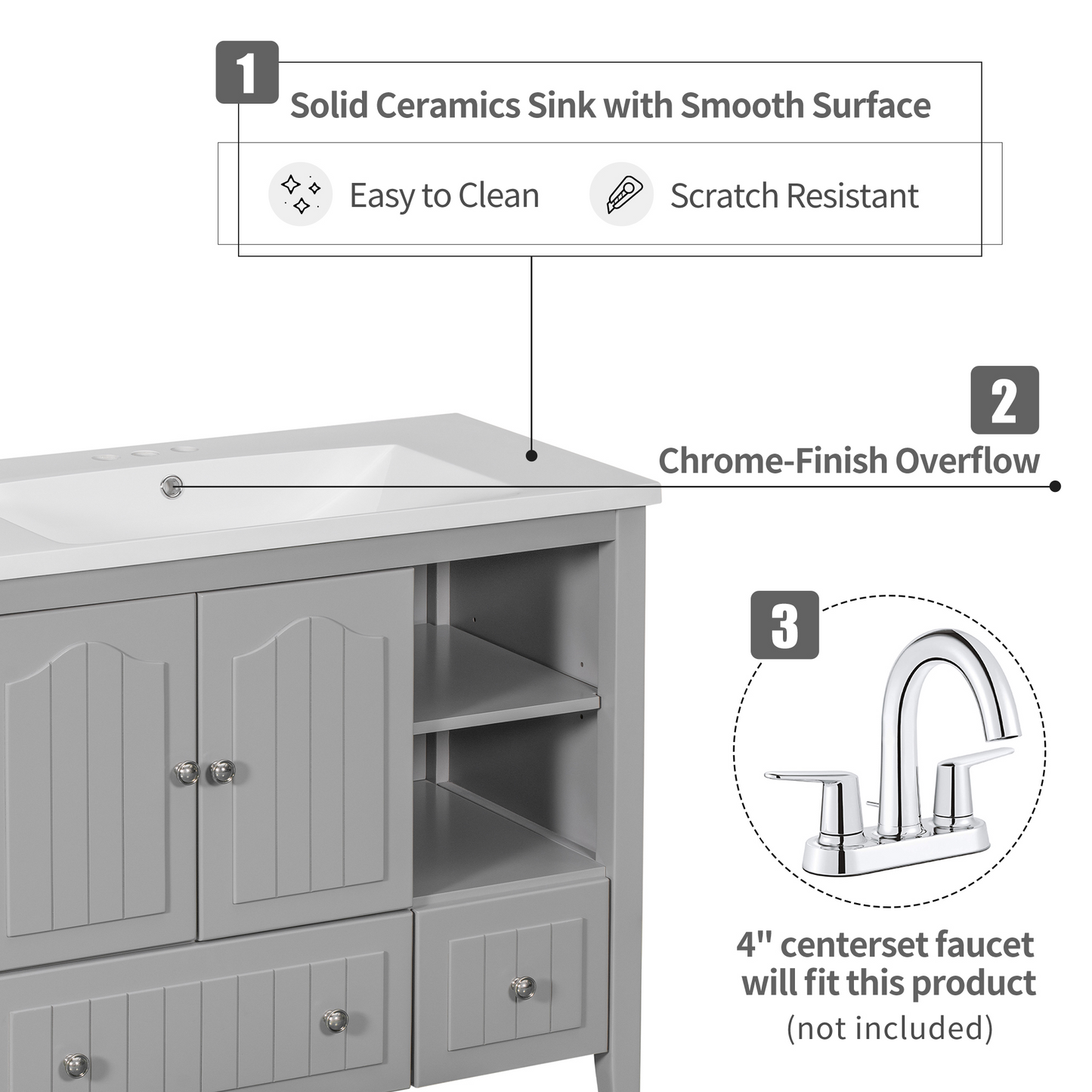 36" Bathroom Vanity with Ceramic Basin, Bathroom Storage Cabinet with Two Doors and Drawers, Solid Frame, Metal Handles, Grey