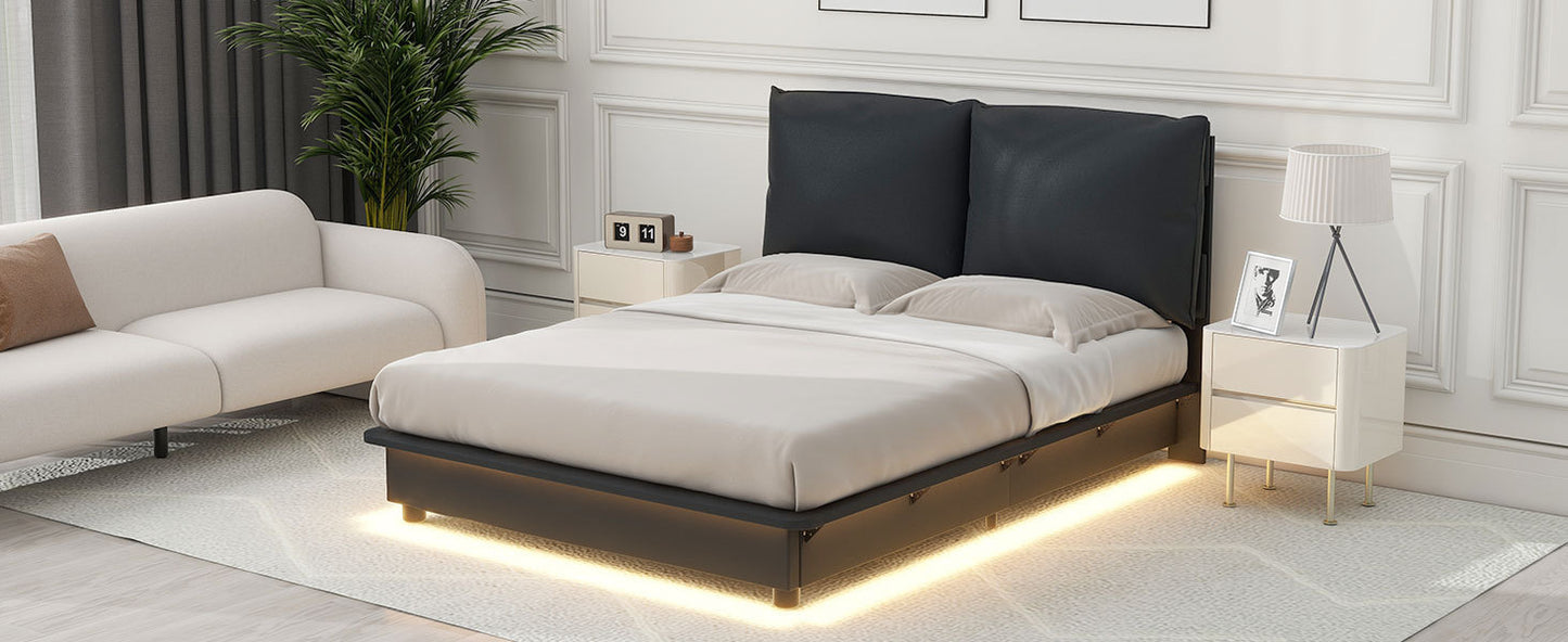 Full Size Upholstered Platform Bed with Sensor Light and Ergonomic Design Backrests, Black