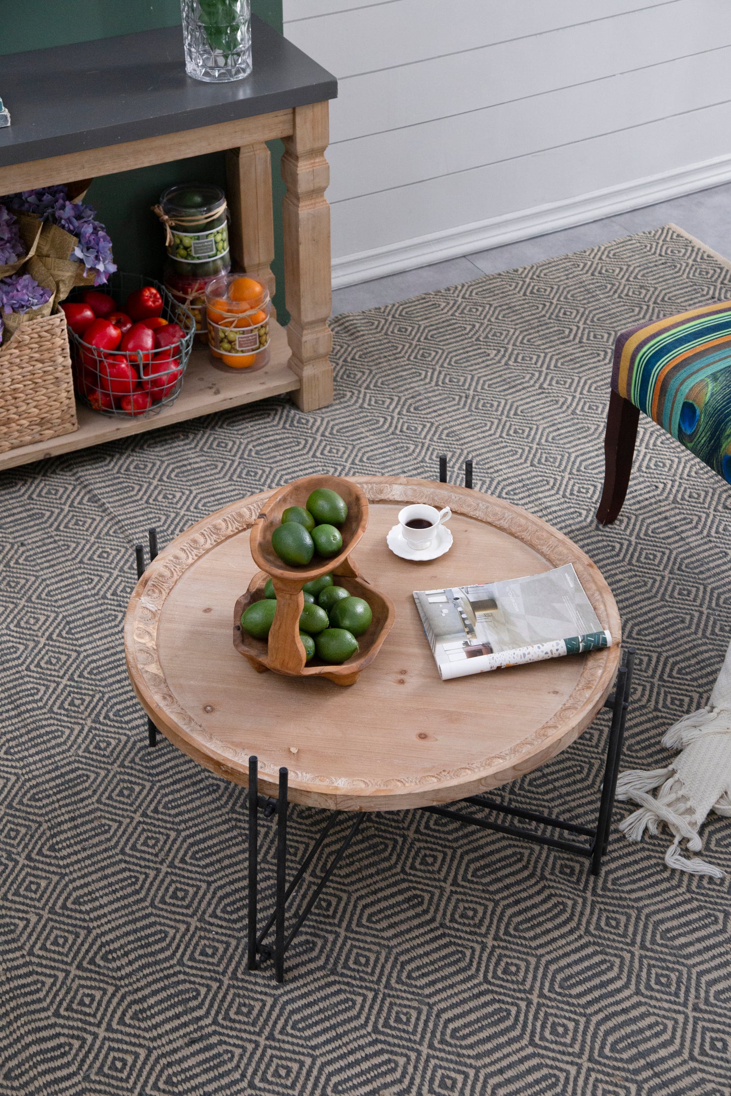 Round Wooden Coffee Table with Modern Metal Legs