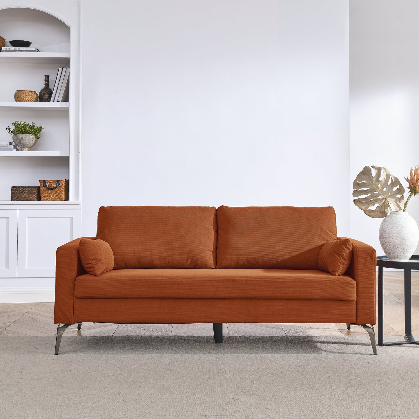 Corduroy Orange 3-Seater Sofa with Square Arms and Tight Back, Including Two Small Pillows