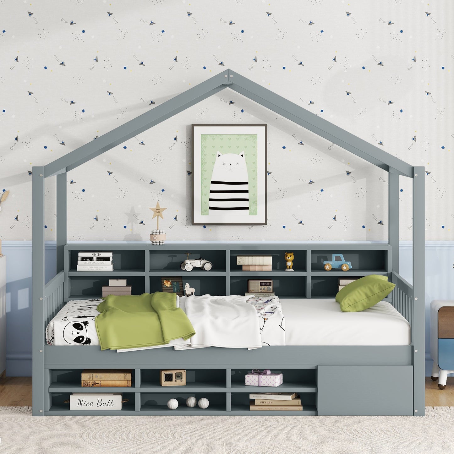 Twin Size Wooden House Bed with Shelves and a Mini-cabinet, Gray