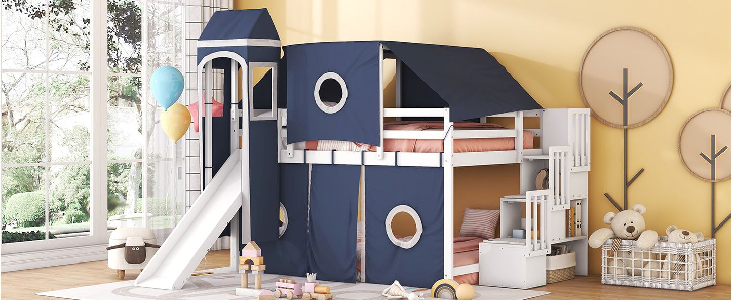 Full Size Loft Bed with Tent and Tower - Blue