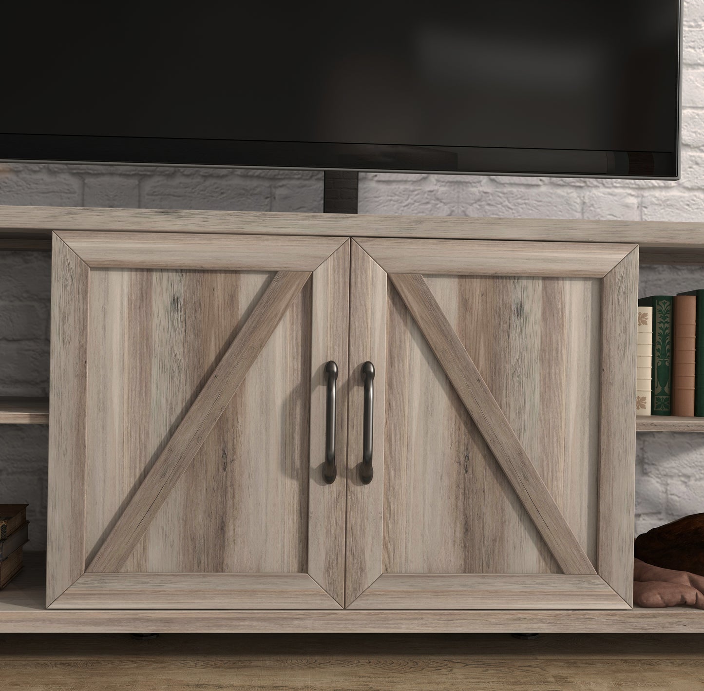 Rustic Grey Walnut TV Stand with Storage Shelves and Cabinets