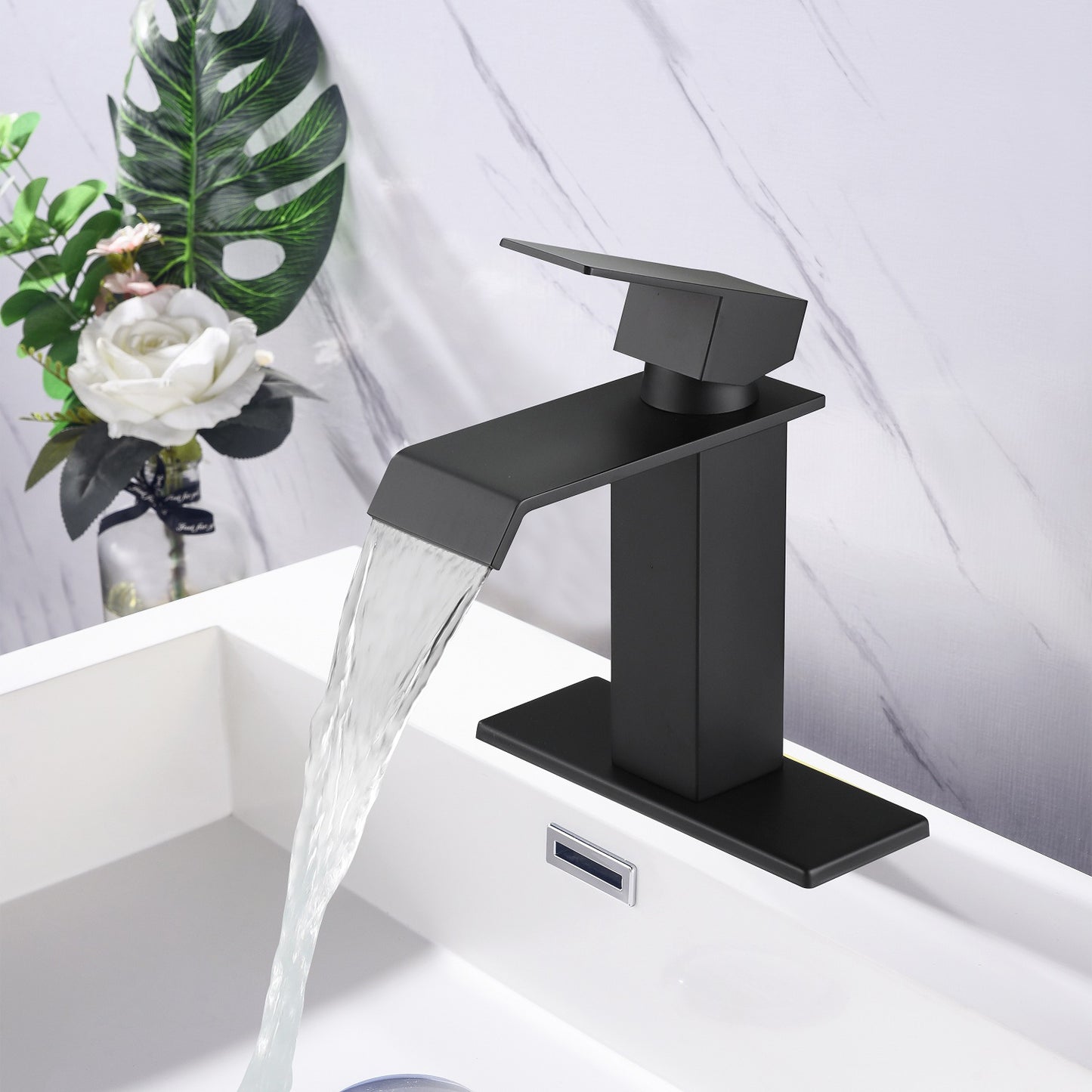 Single Handle Waterfall Spout Matte Black Bathroom Faucet