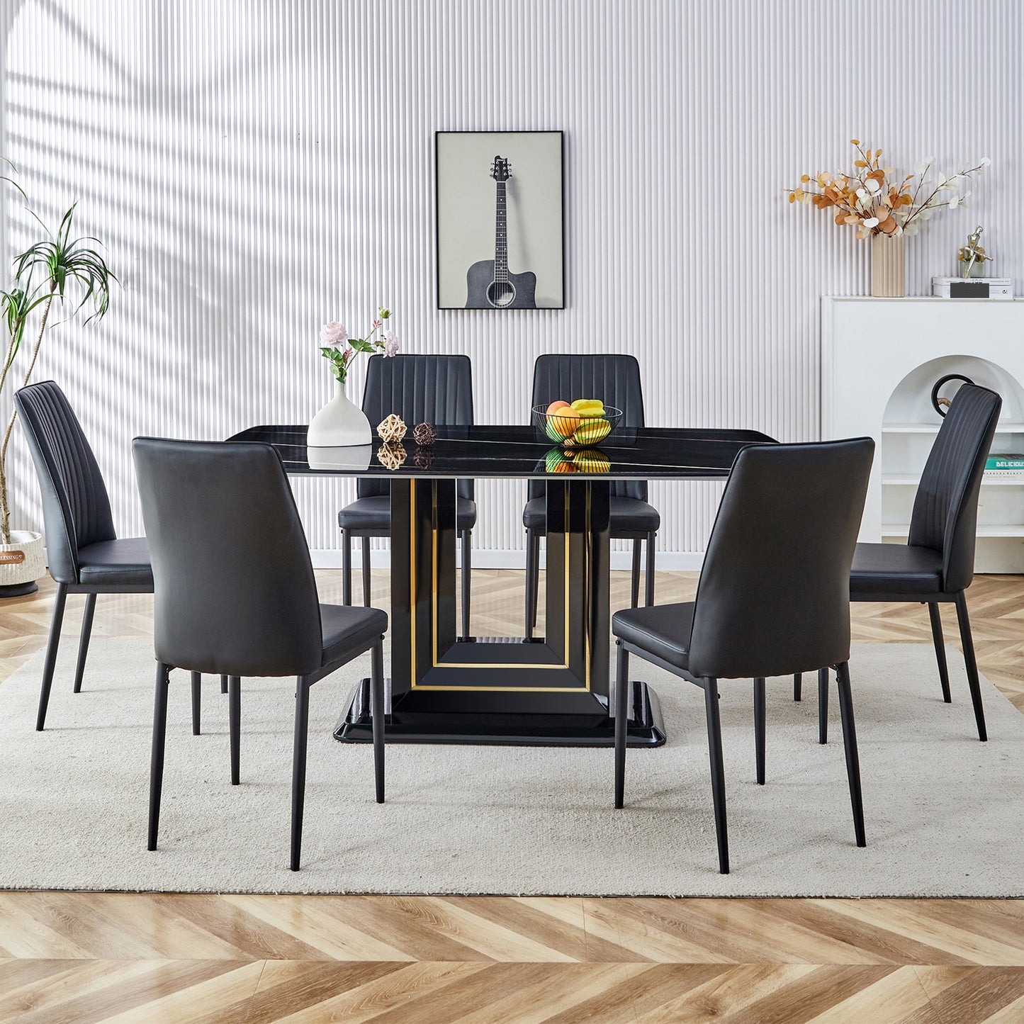 7-Piece Faux Marble Dining Table Set, Glass Rectangular Kitchen Table for 6-8, Modern Black Faux Marble Dining Room Table with MDF Base, Dining Table & 6 Chairs