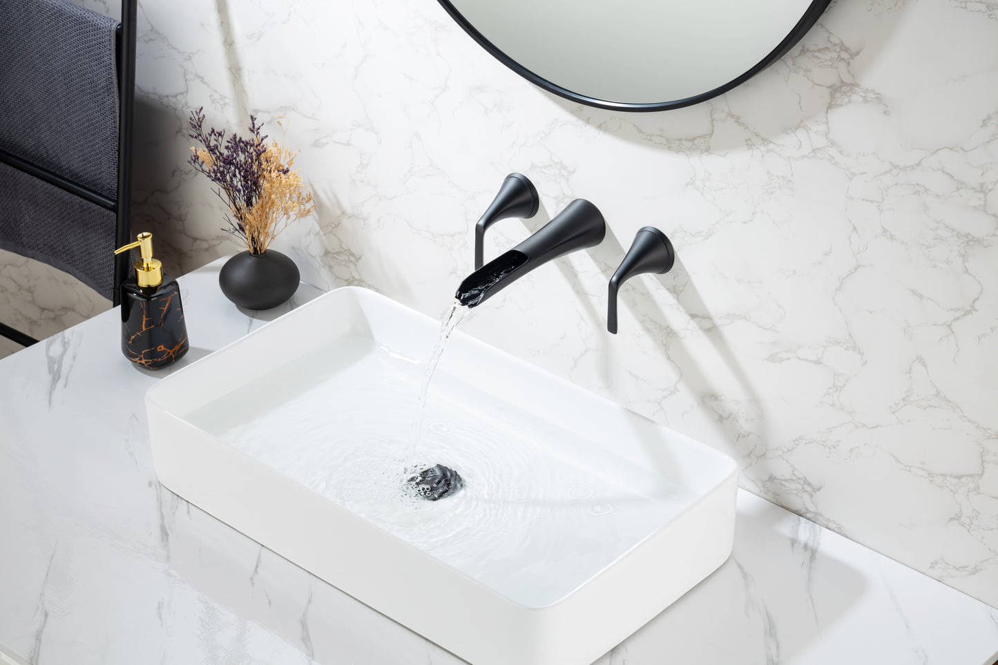 Sleek Matte Black Wall Mounted Bathroom Sink Faucet with Double Lever Handles & Rough-in Valve