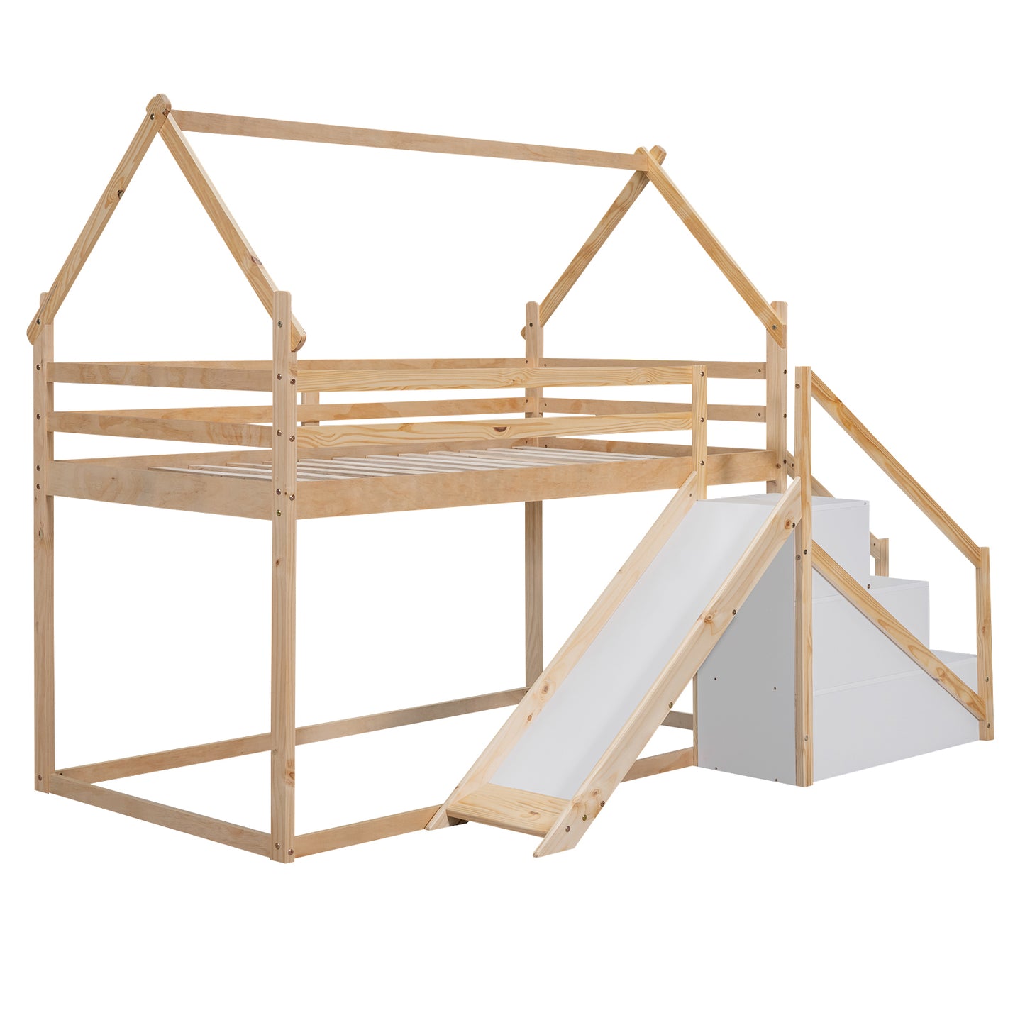 Twin House Loft Bunk Bed with Slide, Staircase, and Storage for Kids, Natural