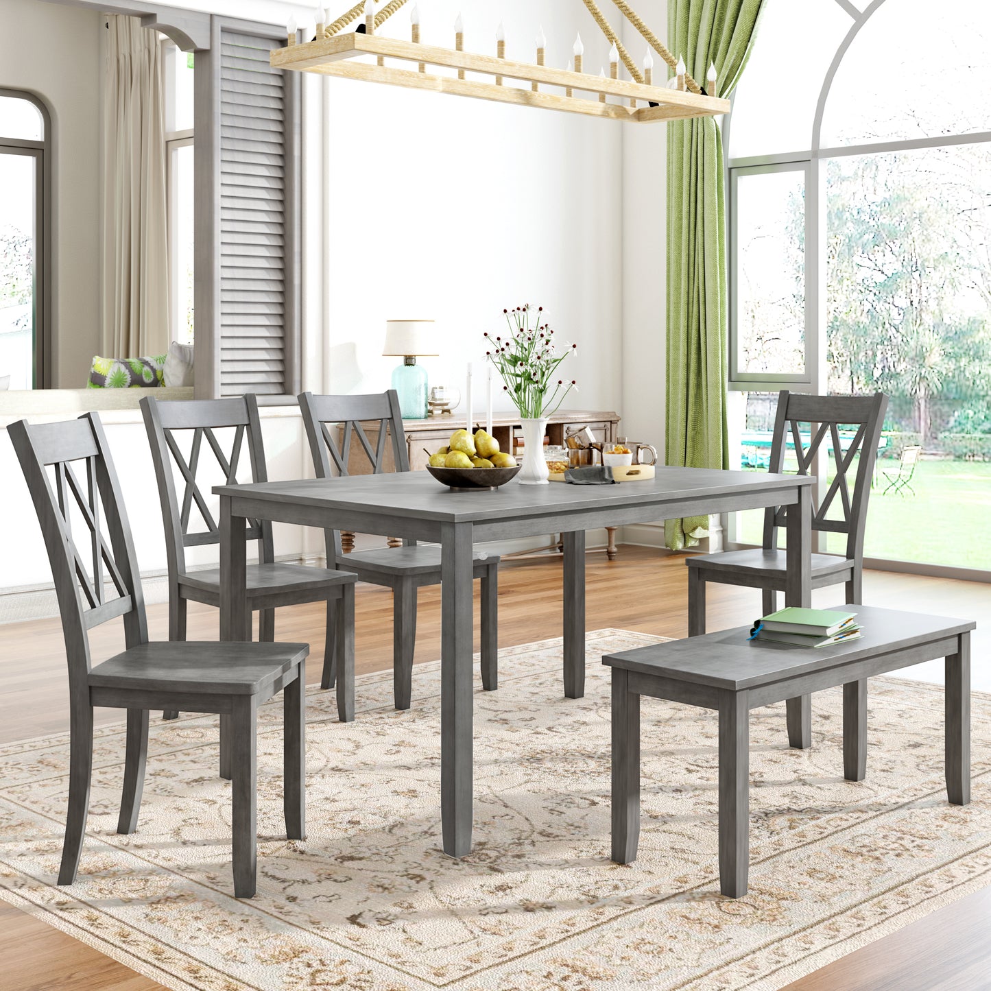 6-piece Wooden Kitchen Table set, Farmhouse Rustic Dining Table set with Cross Back 4 Chairs and Bench,Antique Graywash