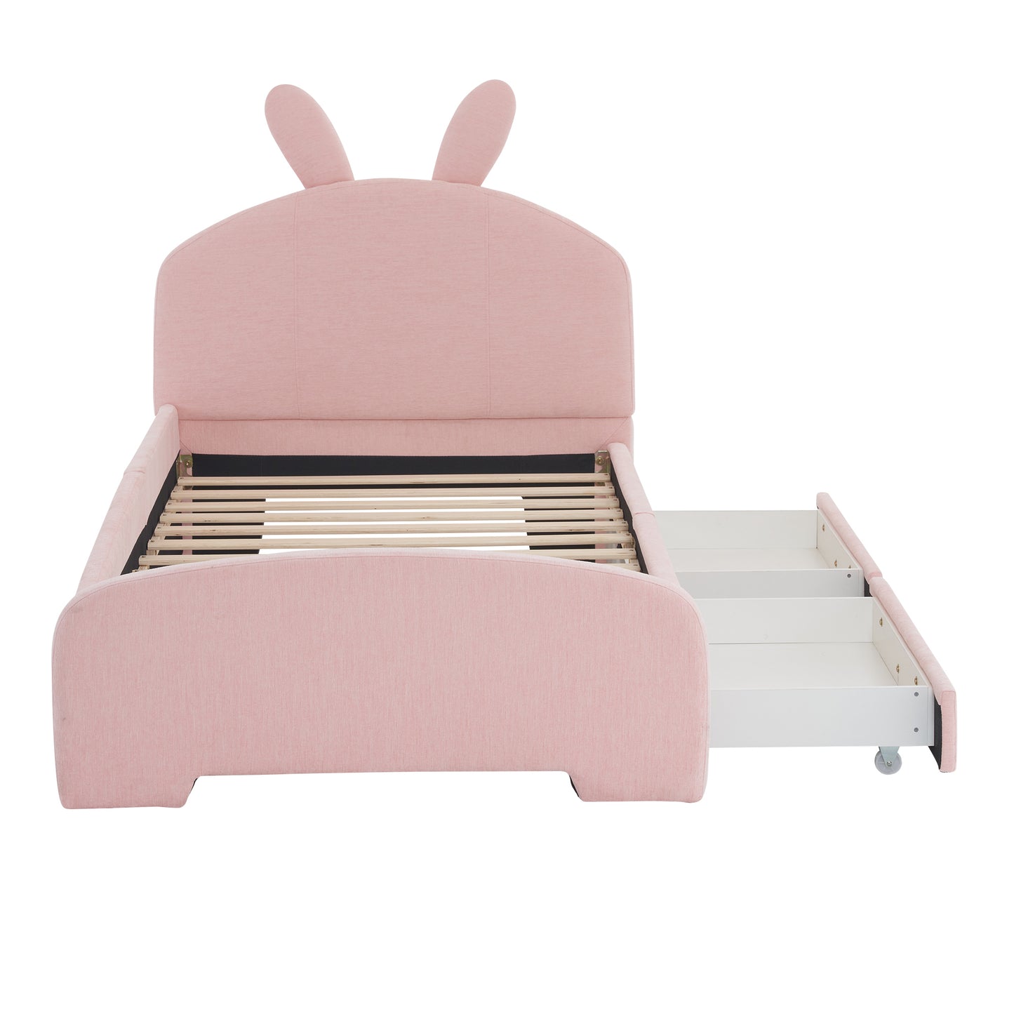 Twin Size Upholstered Platform Bed with Cartoon Ears Shaped Headboard and 2 Drawers, Pink