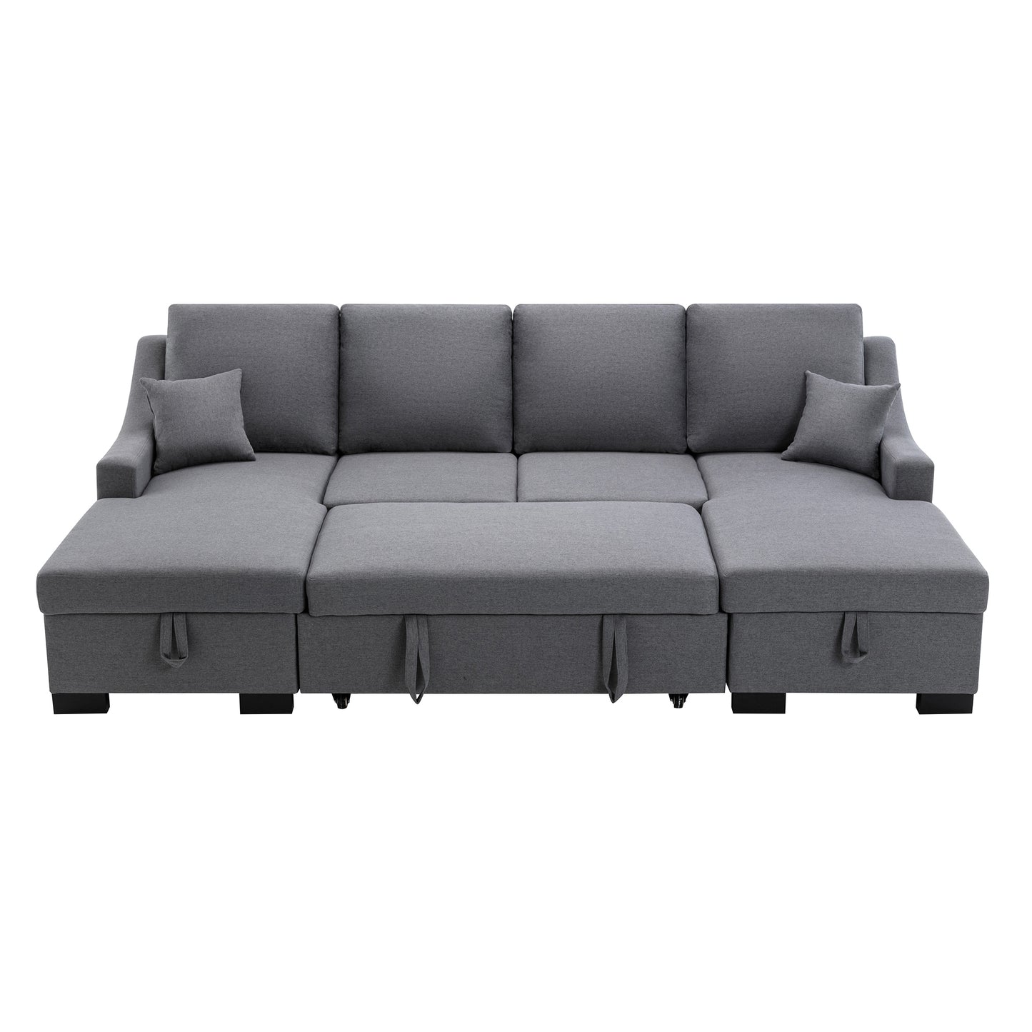 U_STYLE Upholstery Sleeper Sectional Sofa with Double Storage Spaces, 2 Tossing Cushions, Grey