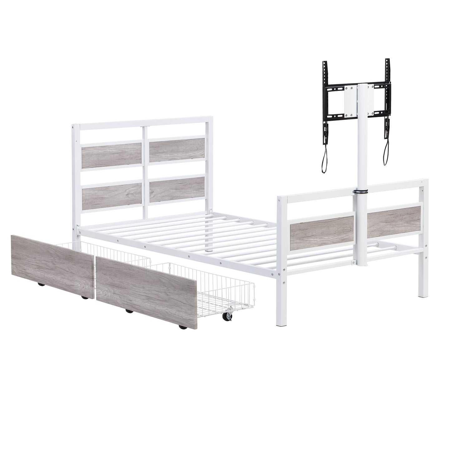 Metal Platform Bed with Rotating TV Stand, Storage Drawers, and MDF Headboard, Twin Size, White