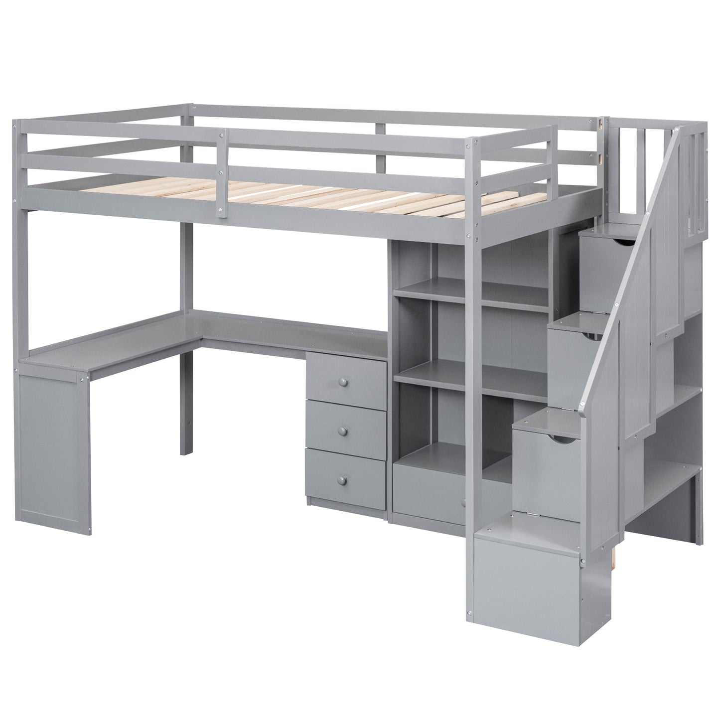 Twin Size Loft Bed with L-Shaped Desk and Drawers, Cabinet and Storage Staircase, Gray