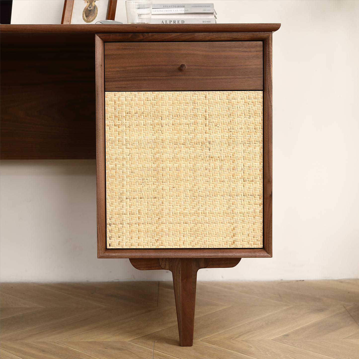 Elegant Large Black Walnut Desk with Chic Rattan Mesh Door and Spacious Storage Area